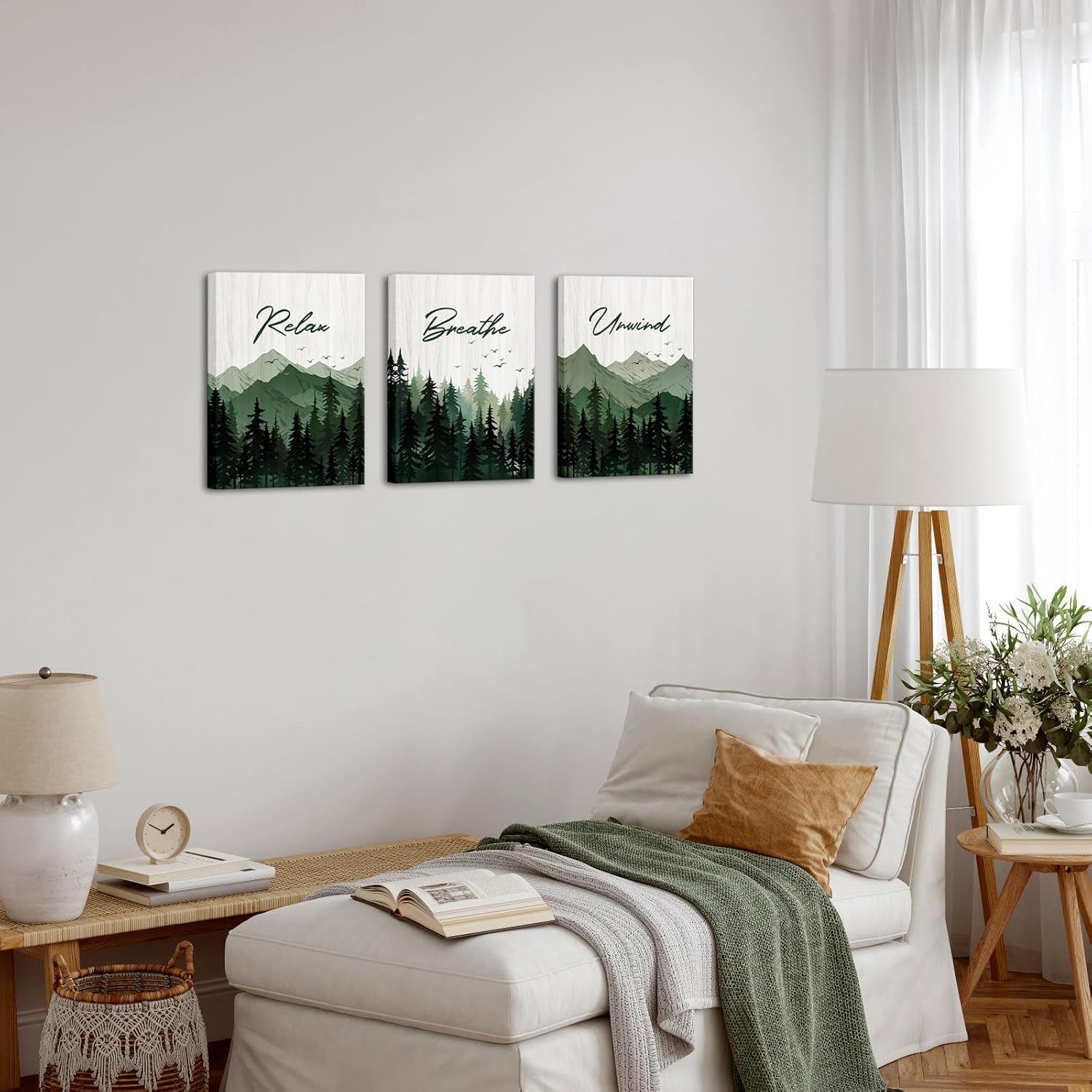 Saypeacher Green Bathroom Wall Art Misty Forest Pictures Relax Breathe Unwind Sign Wall Decor Watercolor Pictures for Bathroom Prints