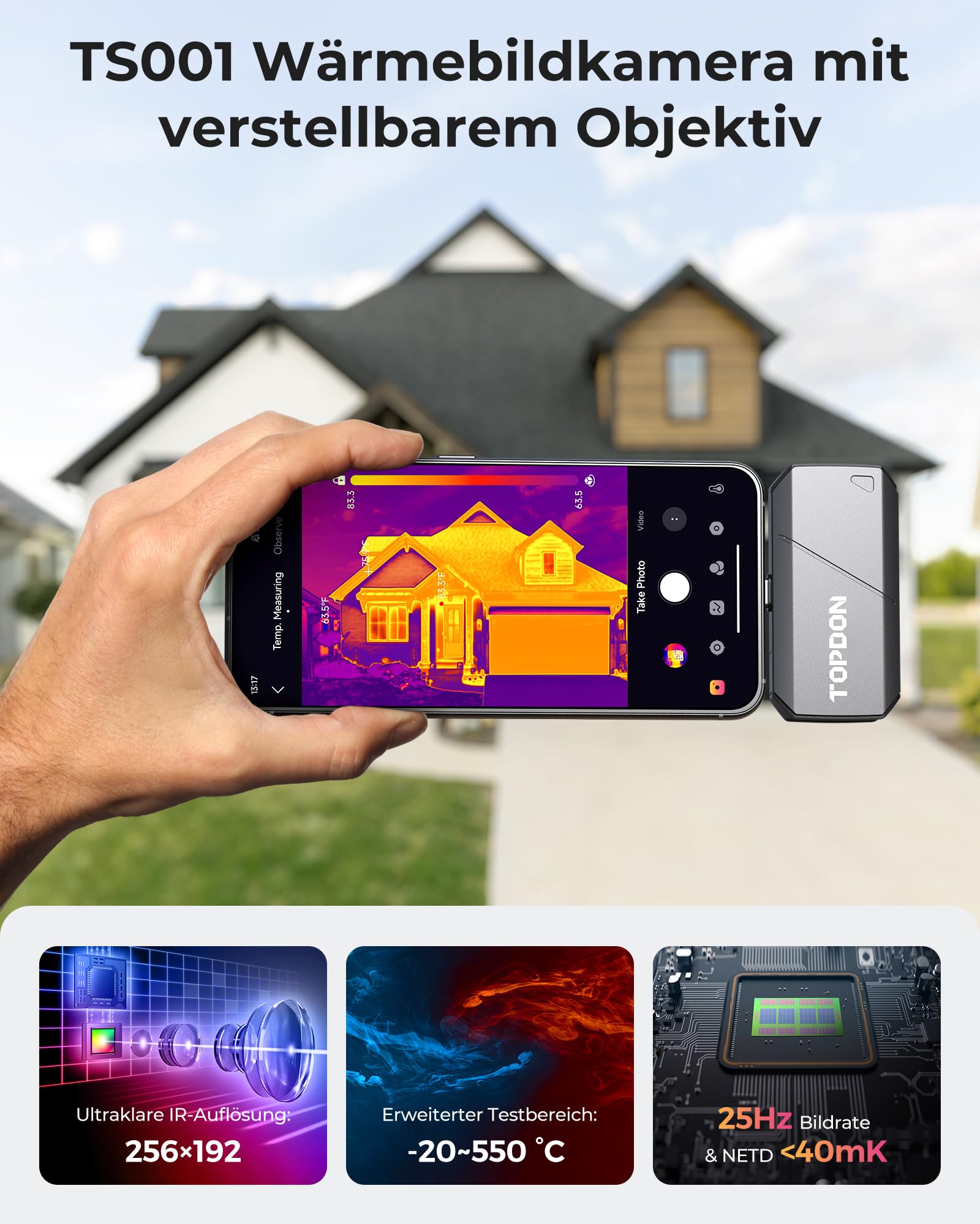 TOPDON TS001 Wärmebildkamera Android, 9mm einstellbares Objektiv, Beobachtungsbereich 0,1 bis 500M, 512 x 384 IR-Auflösung, Manuell fokussierende für Leiterplatten, Schädlingsinspektion, Outdoor, Jagd