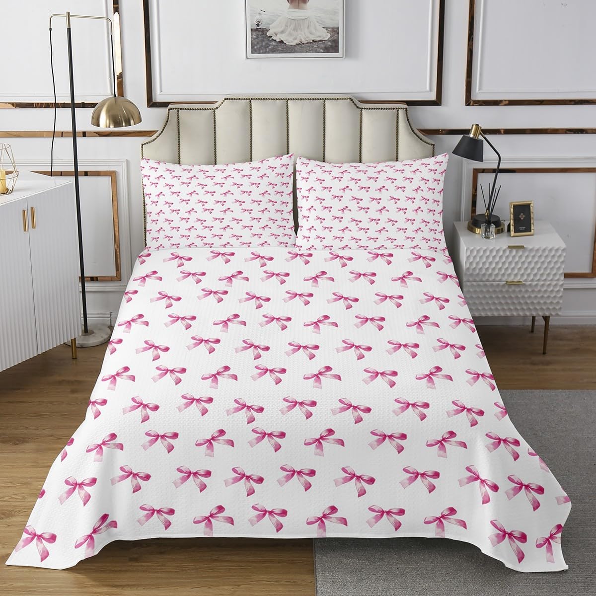 jejeloiu Pink Bowknot Bedspread Quilts Coquette Bows Coverlet Set Twin Size for Kids Boys Girls Girls Bow Quilted Coverlet for All Season with 1 Pillowcase Dreamy Princess Style Microfiber