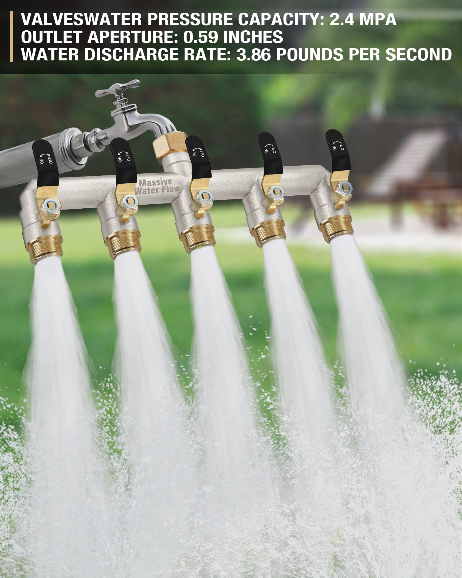 Distribuidor de 5 vías, distribuidor de agua de 5 vías, distribuidor de agua de 5 vías, distribuidor de agua de 3/4 pulgadas, niquelado macizo de gran flujo de jardín, mango de metal extendido (negro)