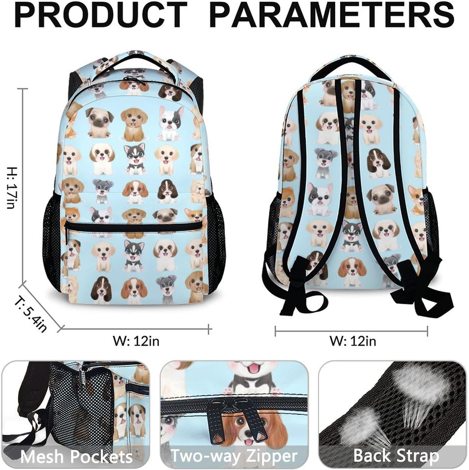 Dog Backpacks for Kids, Large Capacity Backpack for School, Cute Blue Doggy Print Lightweight Bookbag for Boys & Girls