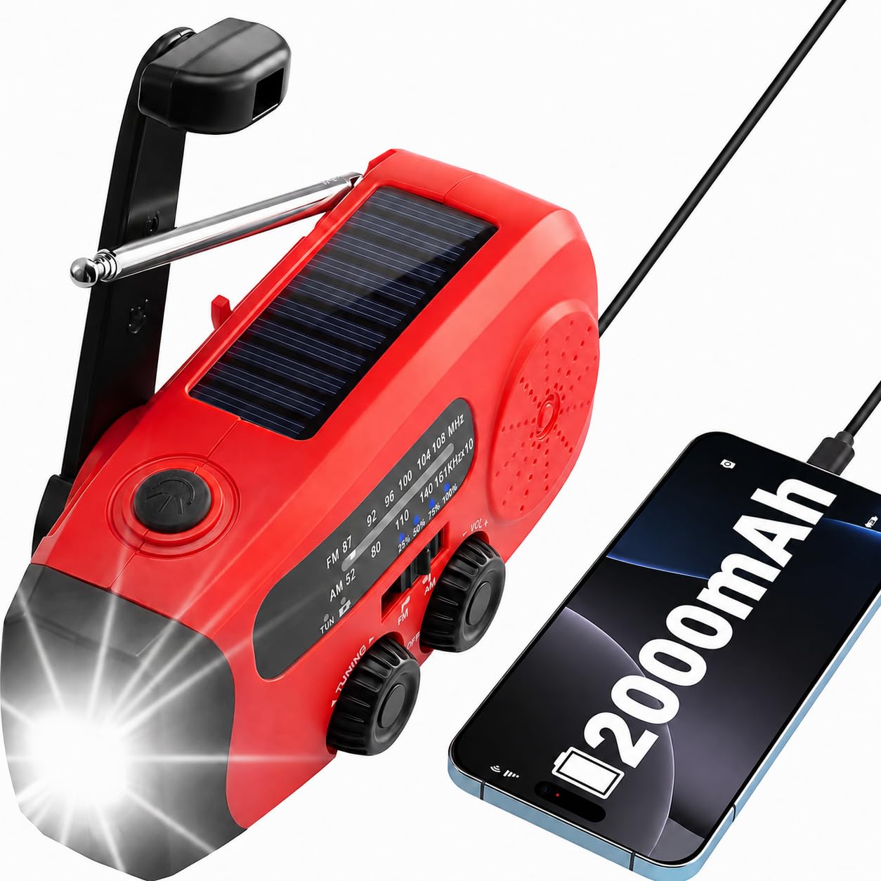 Radio Solaire Auto-alimentée 2000mAh AM/FM Portable à Manivelle Dynamo avec Lampe LED Alarme SOS Chargeur Téléphone Kit Survie Camping Rouge