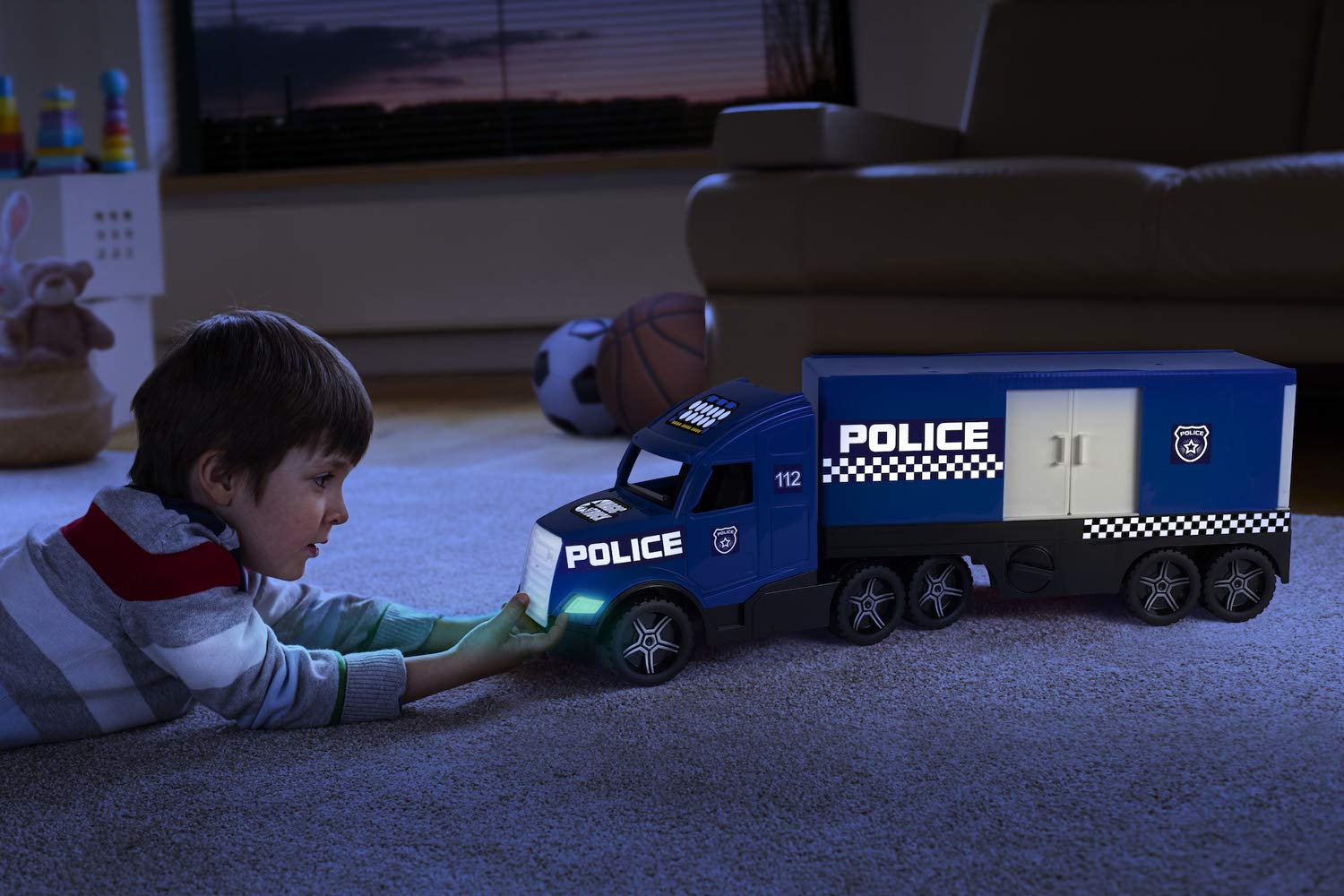 Wader Magic Truck Action Polizei, Polizei Transporter, fluoreszierenden Lichter, inkl. Abnehmbarer schwenkbarer Container, seitlichen Schiebetüren, öffnende Heckklappe, inkl. Stützbeinen, ab 3 Jahre