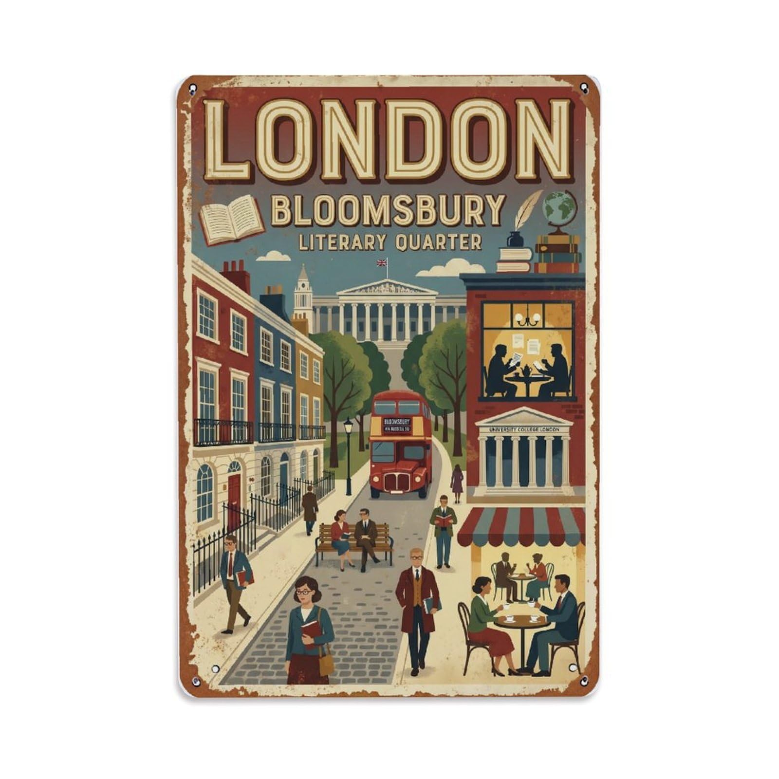 Vintage Travel London Bloomsbury Literary Quarter Rusted England Metal Tin Sign Plaque Wall Decor for Cafe, Club Bar, Office, Home Garden Metal Poster 8x12Inch