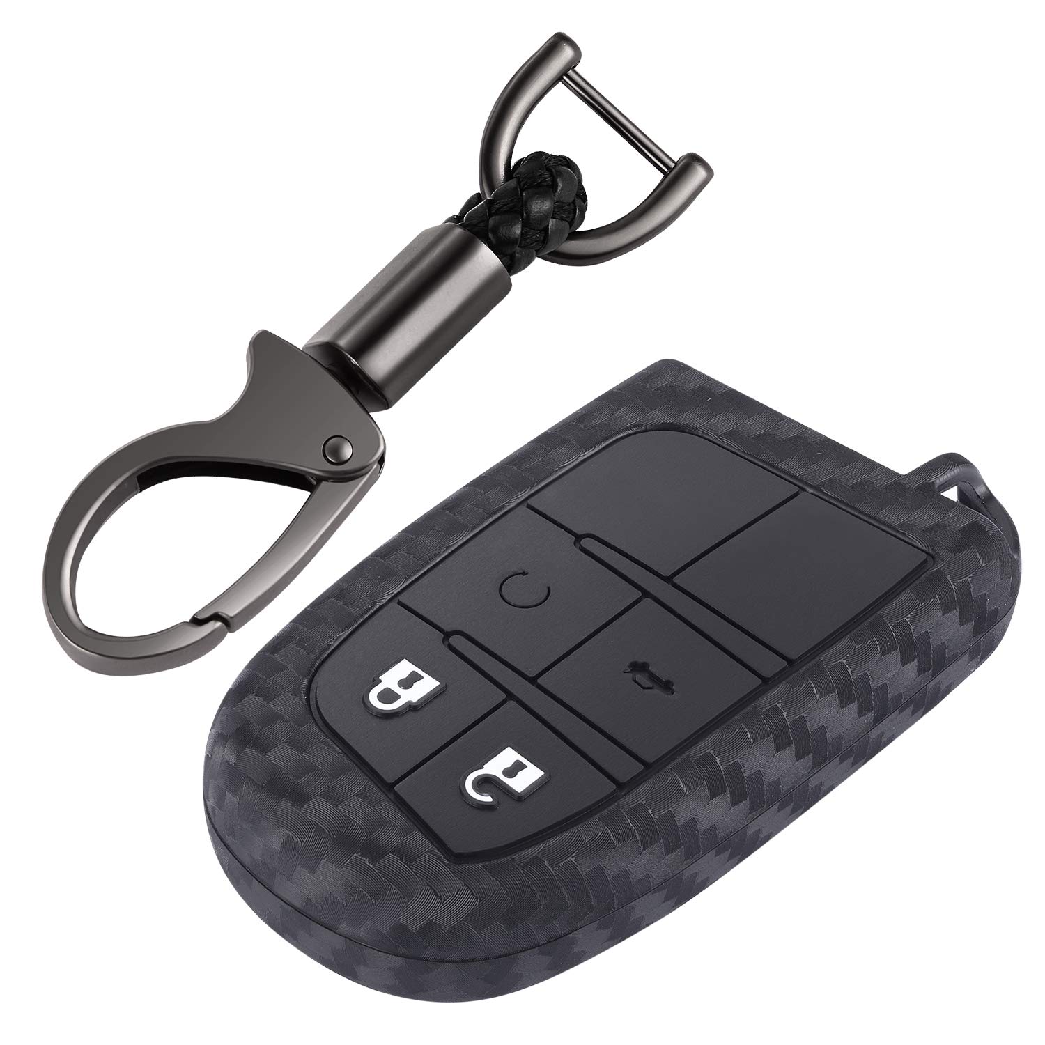 iSaddle Carbon Fiber Pattern Key Fob Cover for Chrysler 300 Dodge Ram Charger Challenger Dart Durango Journey Jeep Grand Cherokee Renegade Trailhawk Fiat Antitheft Keyless Entry Key Case/w Keychain