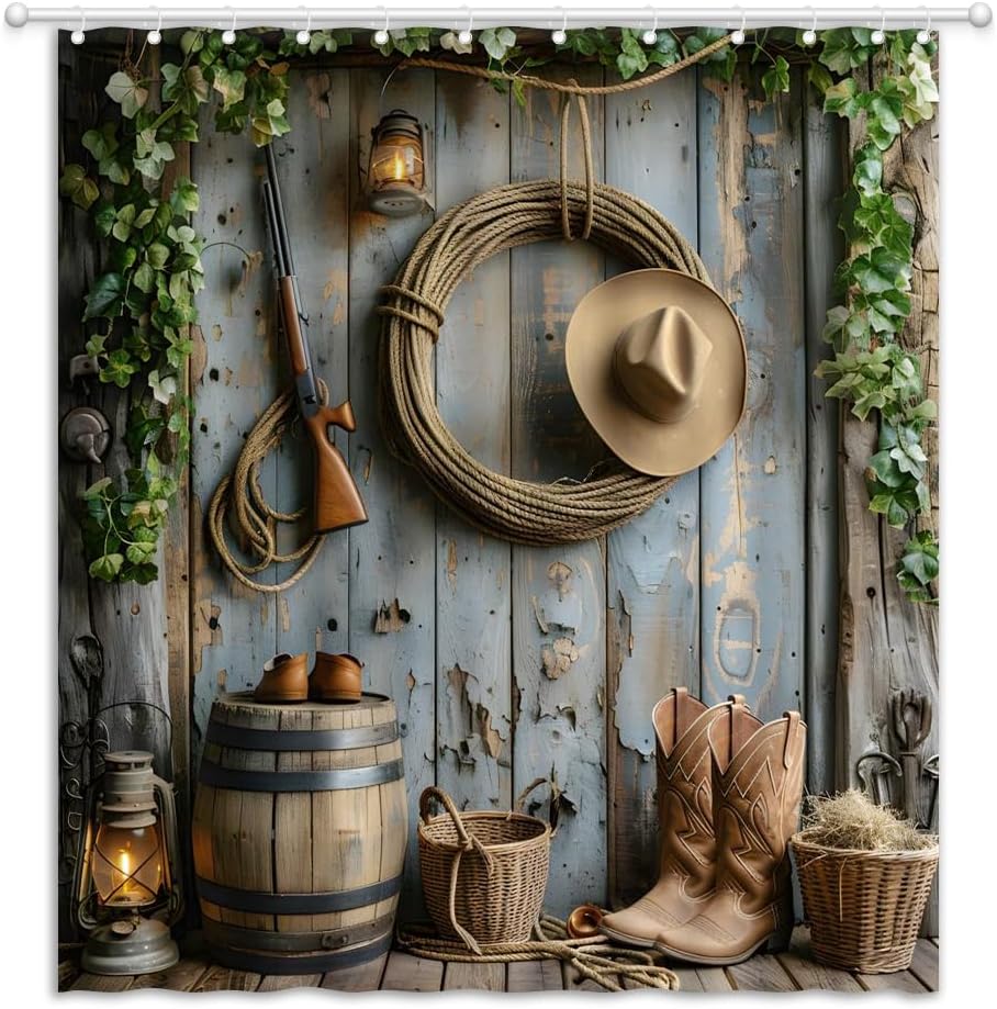 Western Cowboy Shower Curtain West Cowboy Hat Boots Rustic Barn Farmhouse Wooden Board Vintage Hunting Fabric Bathroom Decor Curtains with Hooks, 70" Wx78 H