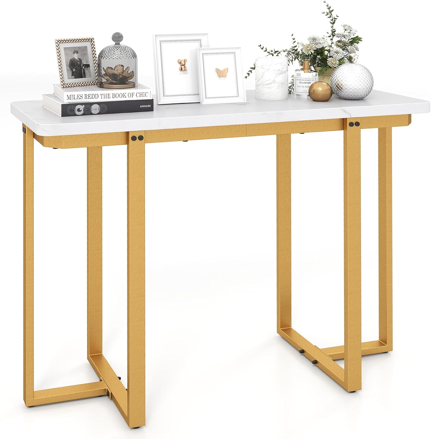 GOFLAME 42” Gold Console Table, Modern Behind Couch Sofa Table with Faux Marble Top & Golden Coated Metal Frame, Narrow Entryway Tables with Storage for Living Room, Hallway, Entry (White)