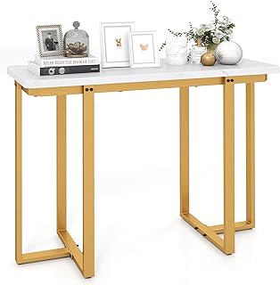 GOFLAME 42” Gold Console Table, Modern Behind Couch Sofa Table with Faux Marble Top & Golden Coated Metal Frame, Narrow Entryway Tables with Storage for Living Room, Hallway, Entry (White)