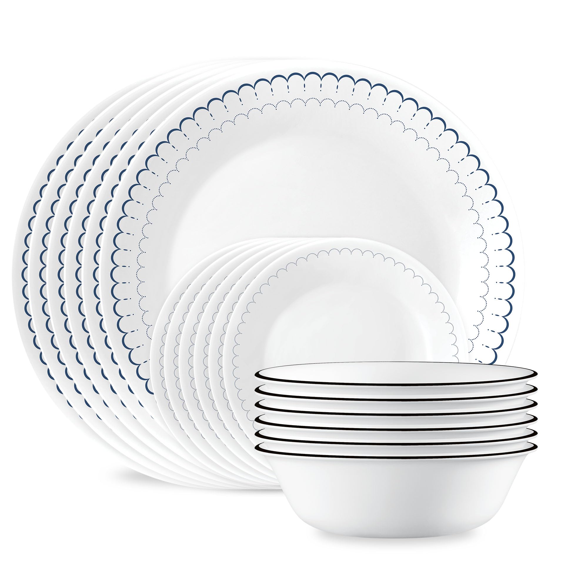 18-Piece Dinnerware Set Service for 6, Lightweight Round Plates and Bowls Set, Vitrelle Triple Layer Glass, Chip Resistant, Microwave and Dishwasher Safe, Caspian