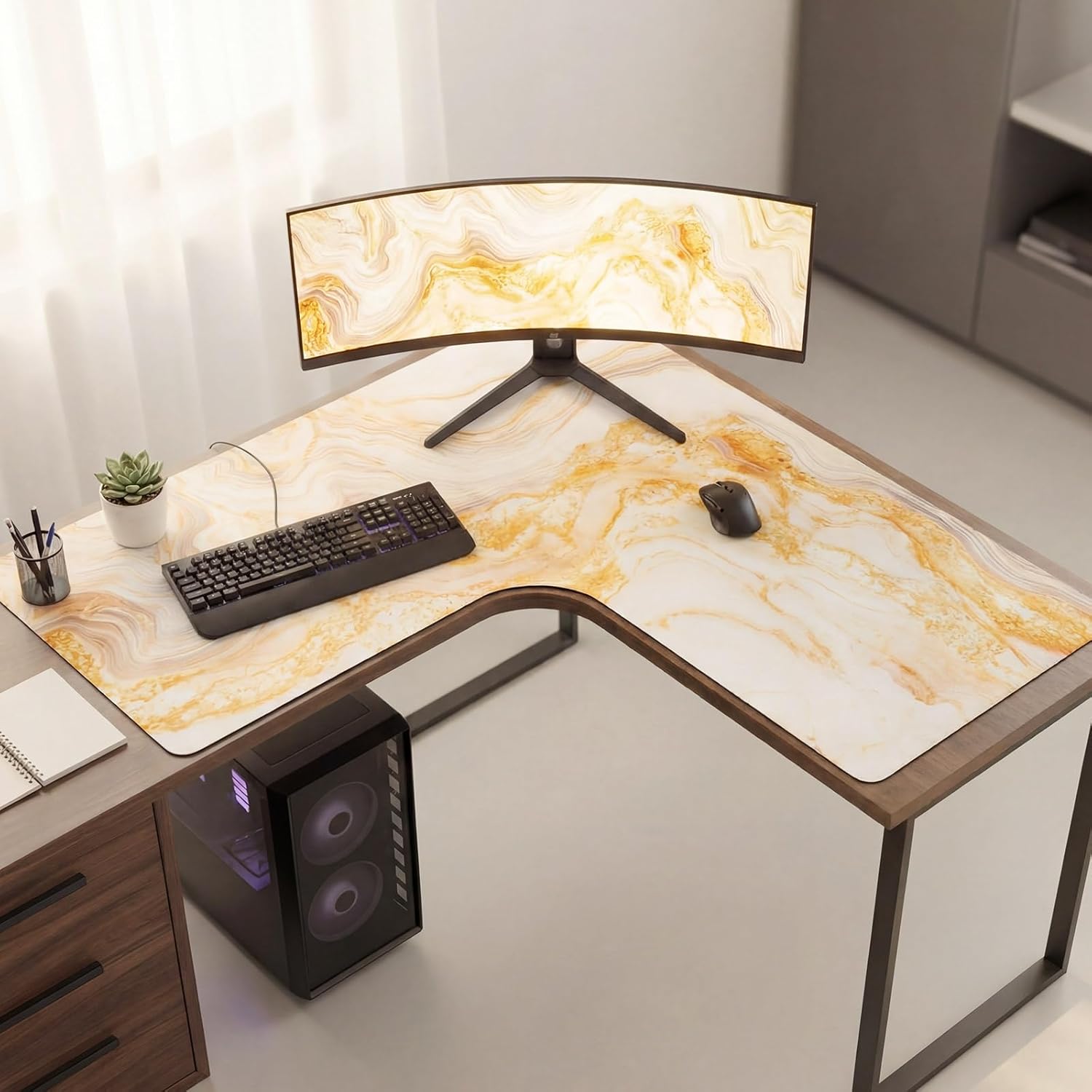 Relaxweex L Shaped Desk Mat for Corner, Large Extended Mouse Pad with Non-Slip Rubber Base, Gold Waterproof Desk Protector for Office & Gaming Setup