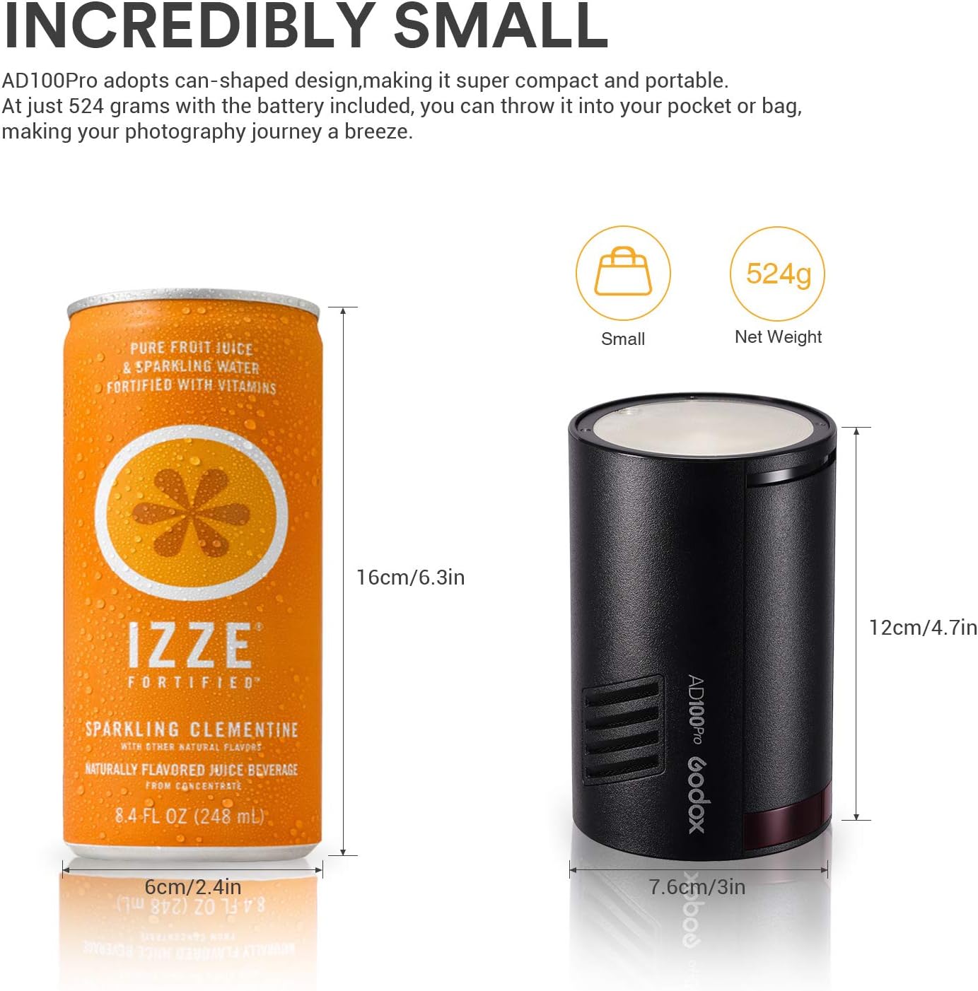 Godox AD100Pro next to a soda can for size comparison