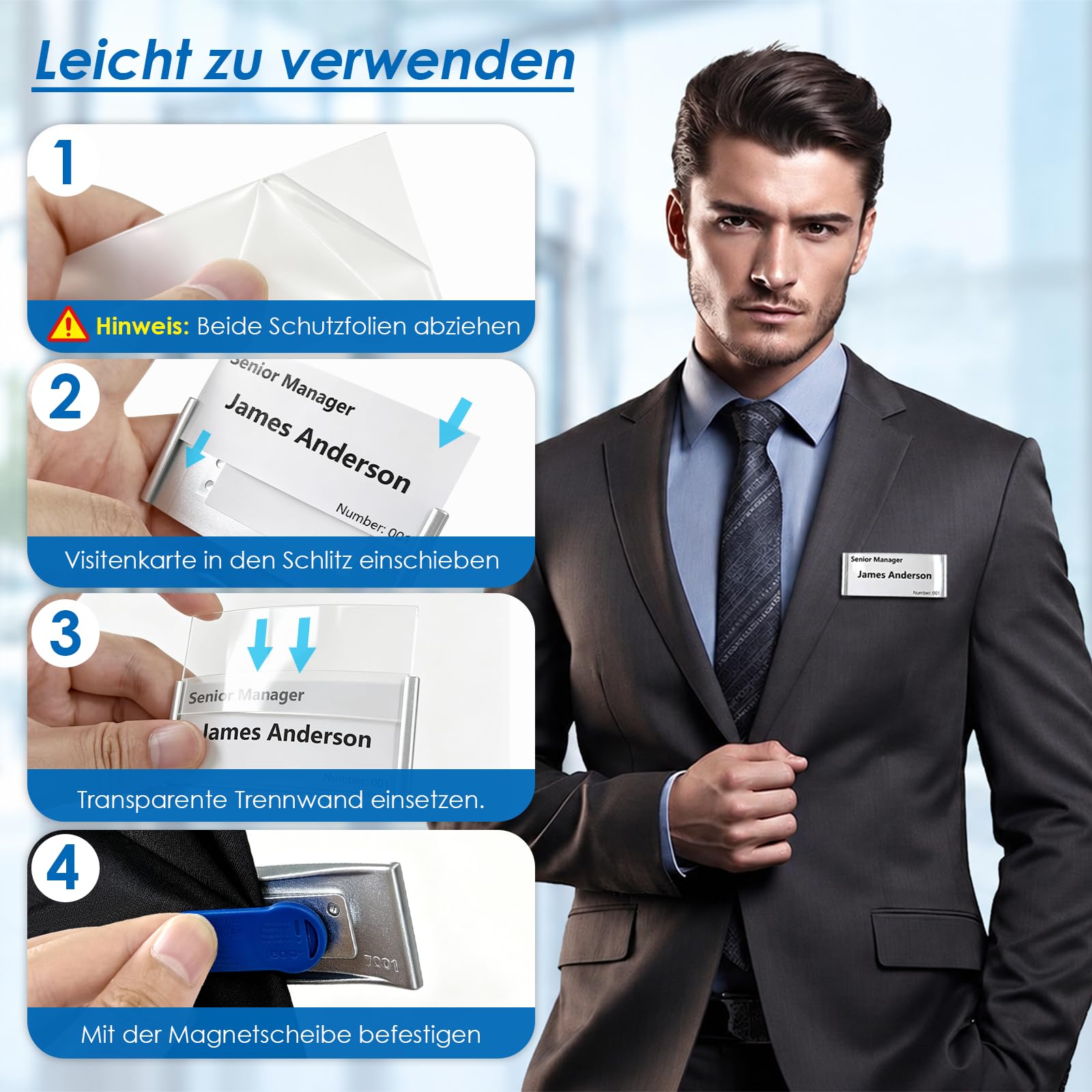15 Stück Namensschilder FüR Kleidung Magnete, Namensschilder mit Starkem Magnet Namensschild Magnetisch Transparent Silber, Karteneinsatz Montiert Wiederverwendbar Und Stilvolle Namensschild