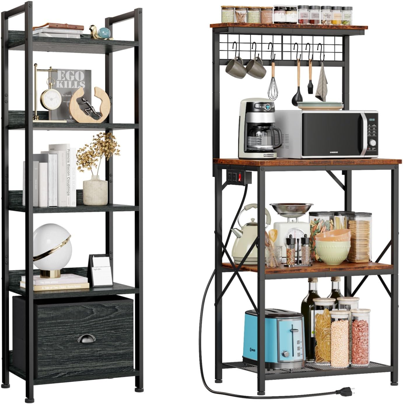 Furologee 5 Tier Bookshelf, Kitchen Bakers Rack with Power Outlet, Book Shelf with Drawer, Microwave Oven Stand,Coffee Bar Table