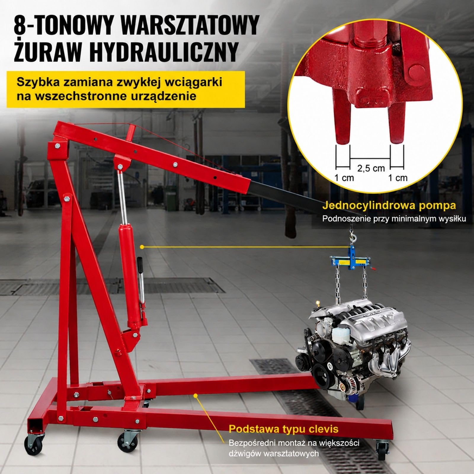 Hydrauliczny long ram podnośnik 8 ton, ręczna pojedyncza pompa, do żurawia warsztatowego