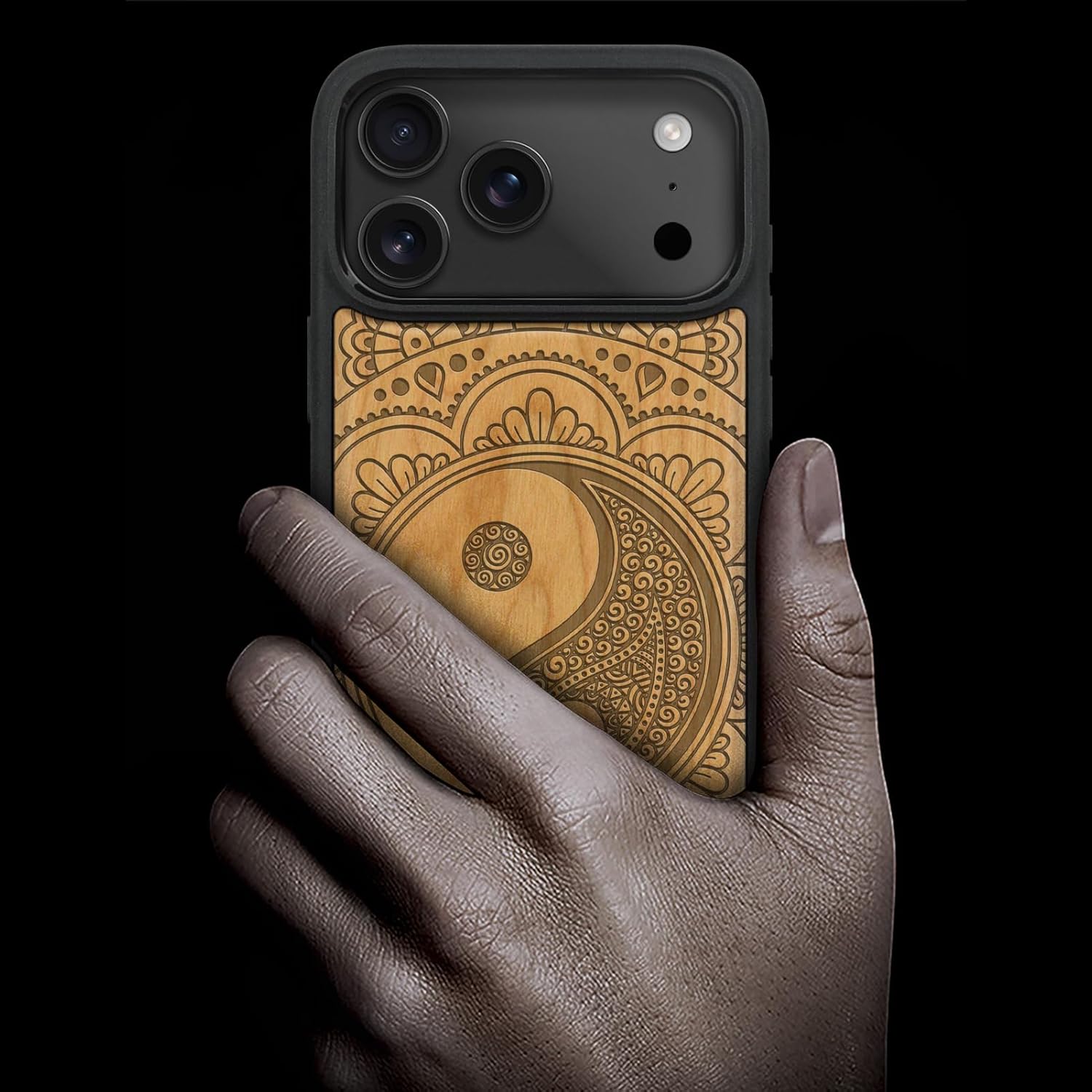 Carveit Magnetic Wooden Case for iPhone 17 Pro Max Case, Wood Artisan Engraved & Black Soft TPU Shockproof Cover, Compatible with MagSafe Wireless Chargers (The Yin-Yang Mandala) Cherry