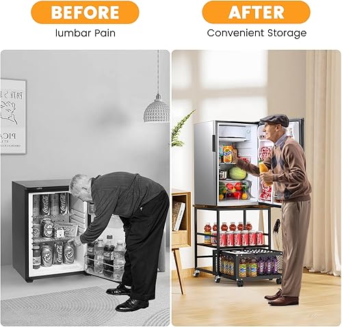 Miniatura 4 de Mini soporte móvil para refrigerador de 19.7 x 19.7 pulgadas con 3 almacenamientos, mesa pequeña para refrigerador de bebidas con ruedas, carrito