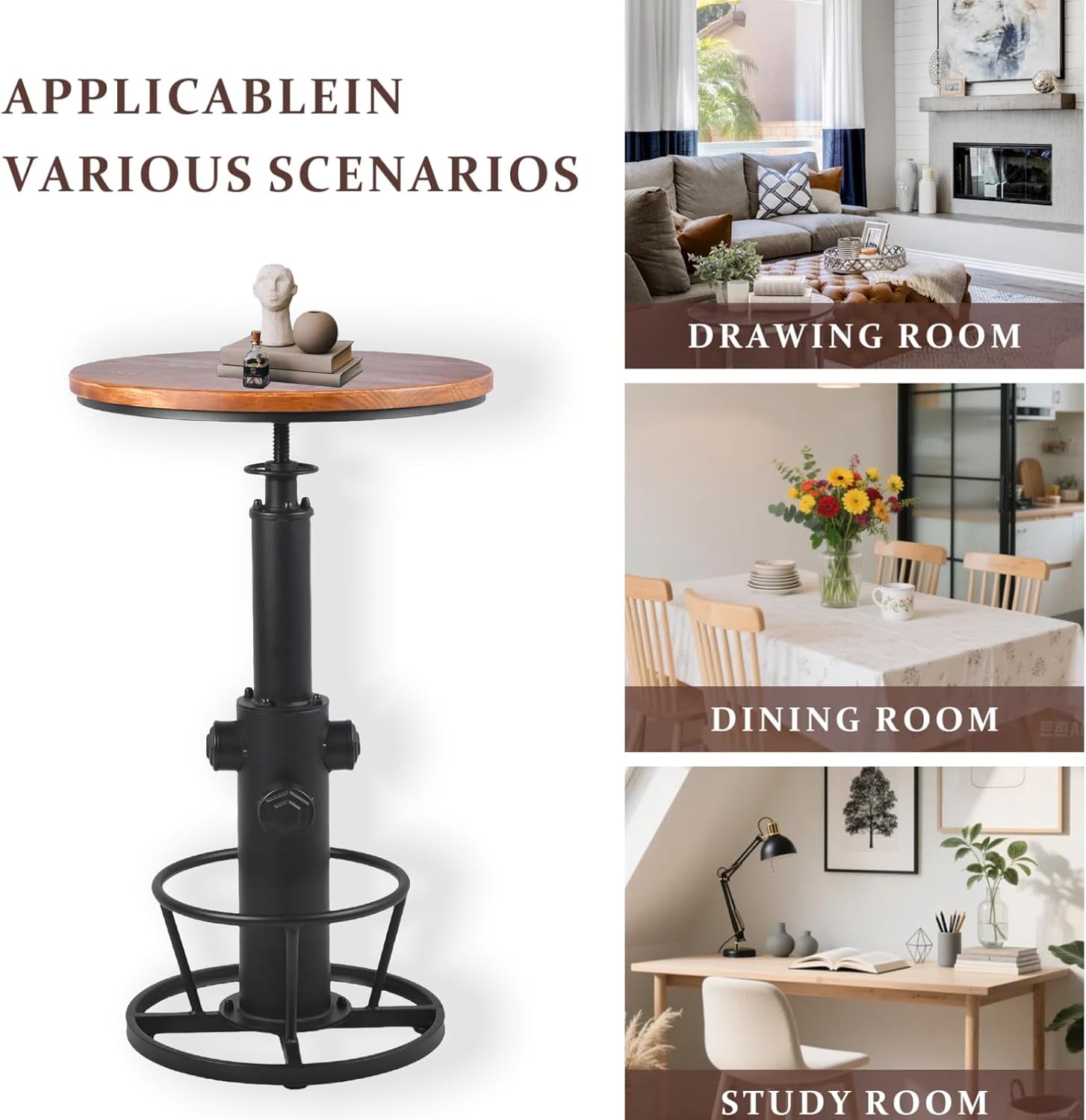 Vintage Bistro Table Height Adjustable 38.6-44.4inch Industrial Bar Table for Kitchen Dining Room Coffee House Pub Office Swivel Round Wooden Top for 2-3 People Black image 3 of 8 B0B4MVPHQQ