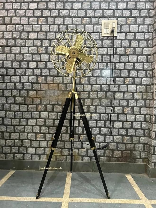brass antique vintage-style, modern twist Floor fan for home decor and office, including a wooden tripod stand