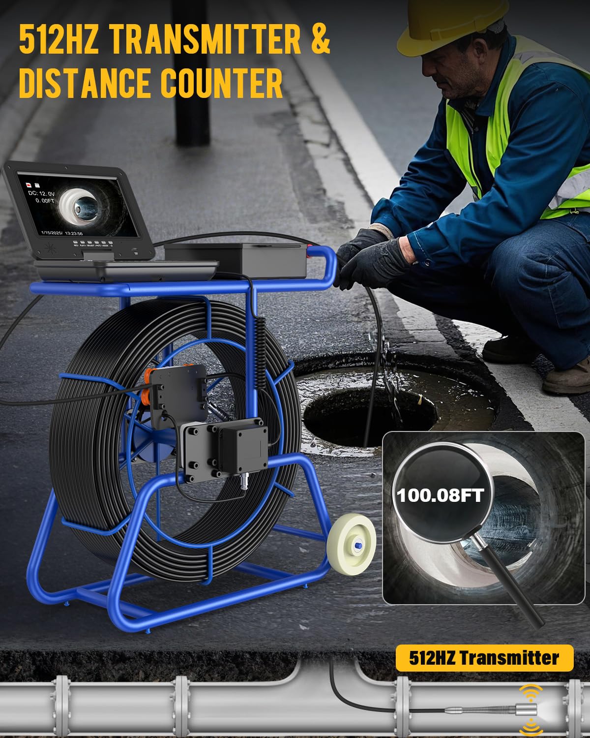 Anysun Cámara de alcantarillado con sonido de 512 Hz, cámara de alcantarillado autonivelante de 200 pies con contador de distancia, monitor IPS de 10.1 pulgadas con micrófono y DVR, cámara de tubo de