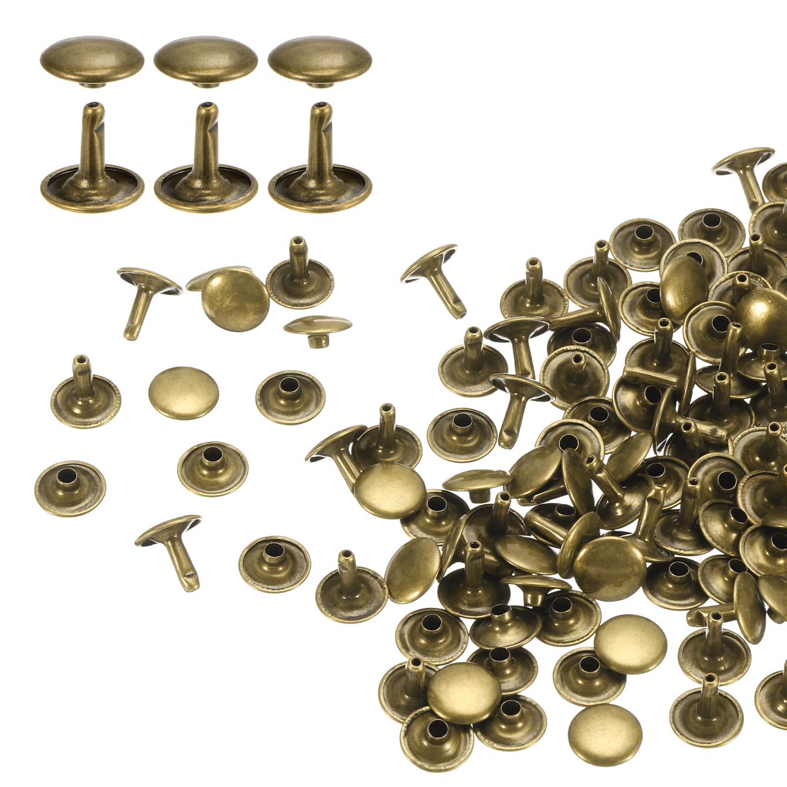 sourcing map 100 Sets Double Cap Rivets 12x12mm Carbon Steel Round Head Snaps Studs Fasteners Tubular Metal Studs for Leather Craft Repairs Decoration, Bronze