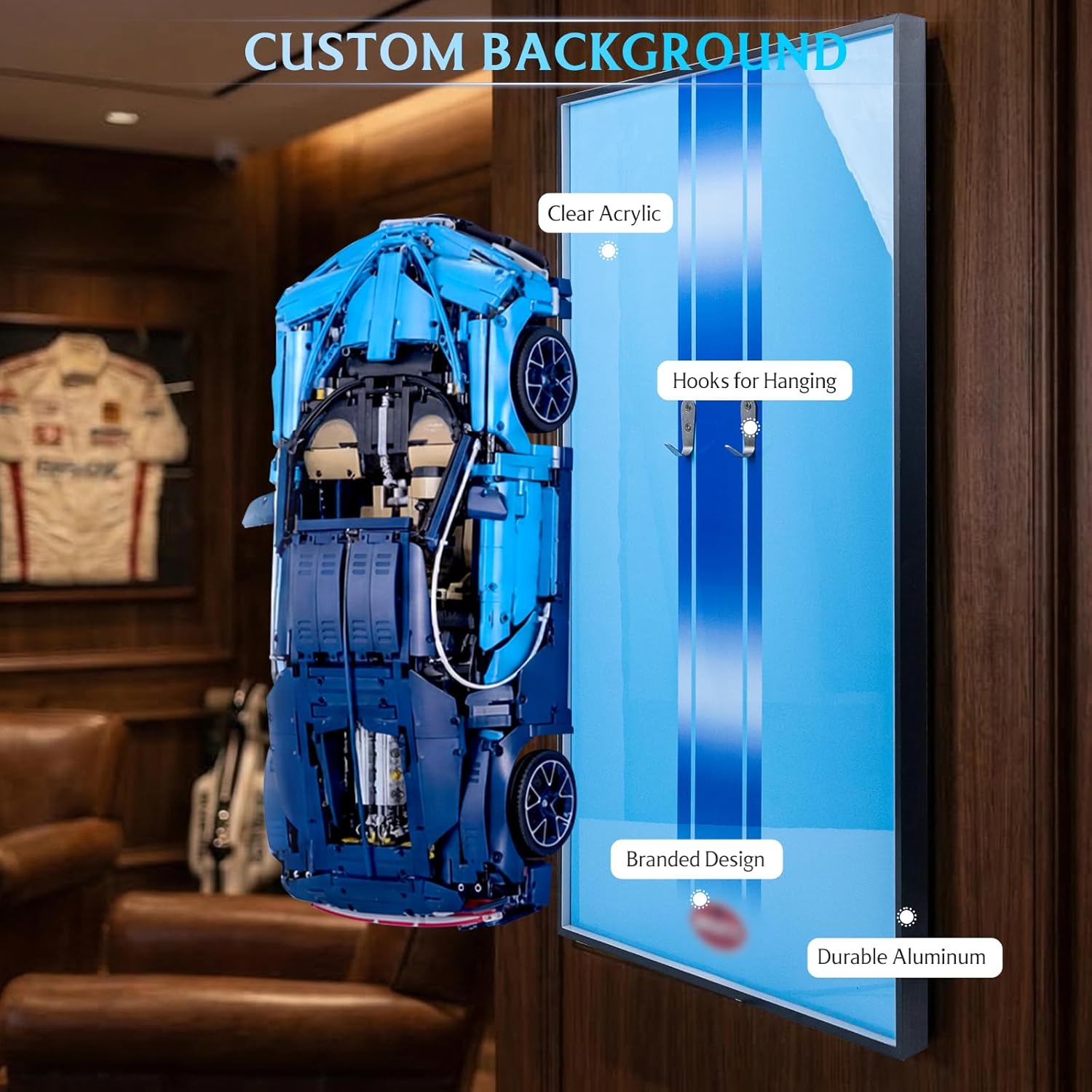 Display Wallboard for Lego Technic 42083 Bugatti Chiron Race Car, Display Wall Mount with Led Lights, Home Decor Adult Collectibles Wall Mount, Gift for Car Model Collectors(No Car Included)