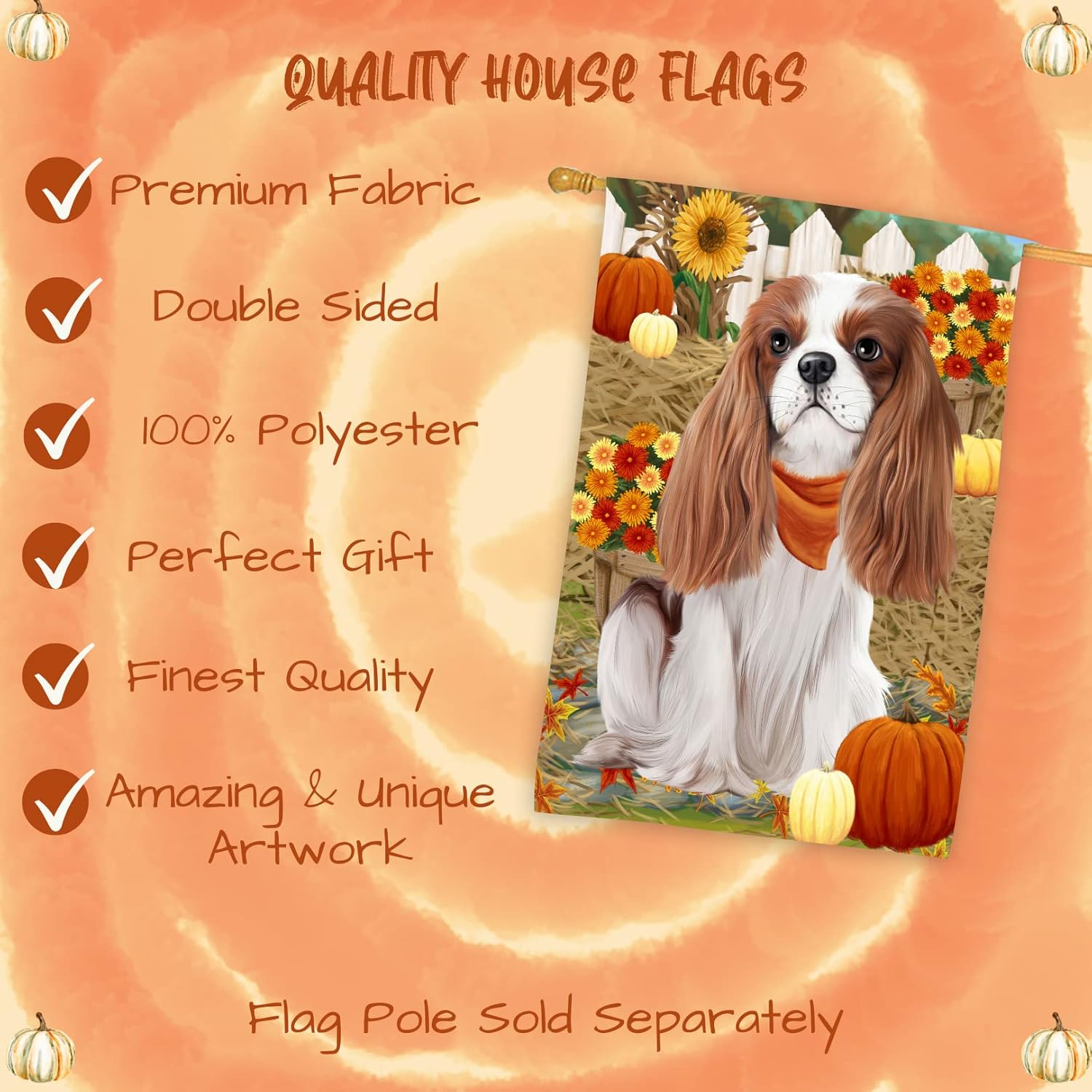 Cavalier King Charles Spaniel Dog Flag 28x40 – Sitting in Fall Setting with Pumpkins, Maple Leaves & Flowers – Autumn Outdoor Garden Flag – Dog Lover Gift, Fall Autumn Decor