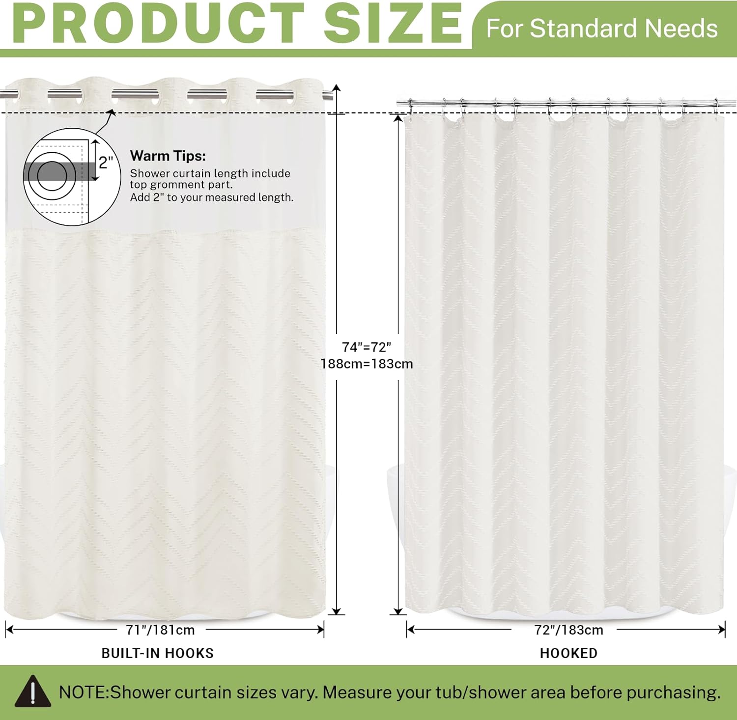 No Hook Shower Curtain with Snap in Liner, Tufted Chevron Striped Shower Curtain Set for Bathroom, Boho Waterproof and Washable Shower Curtains, 71Wx74H, Cream