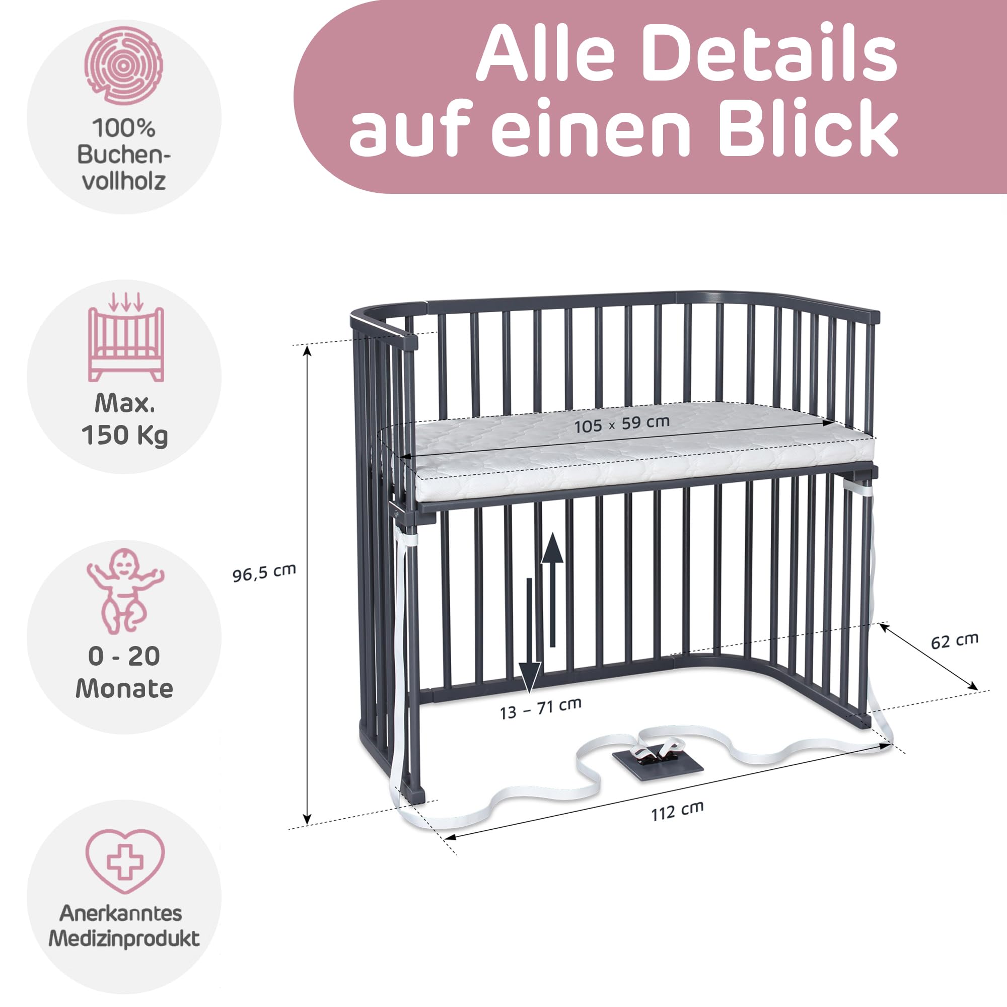 babybay Boxspring XXL łóżeczko dostawne, lakierowane na kolor szary, komplet łóżeczka dziecięcego
