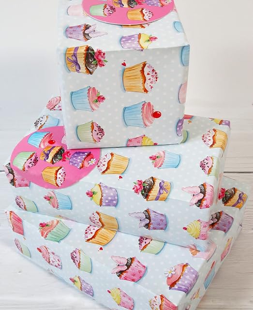 Abacus Cards 04019A "Cupcakes Galore" Gift Wrap Pack with2 Sheets & 2 Tags, Plastic Free & FULLY RECYCLABLE