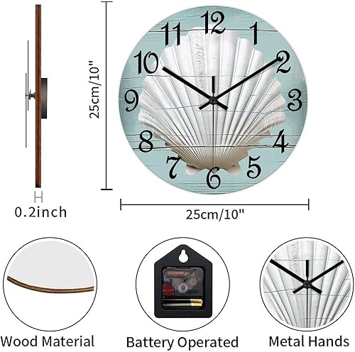 Miniatura 3 de Funlucy Reloj de pared con carcasa para el océano, funciona con pilas, silencioso, sin tictac, de PVC, 10 x 10 pulgadas, para decoración del hogar,