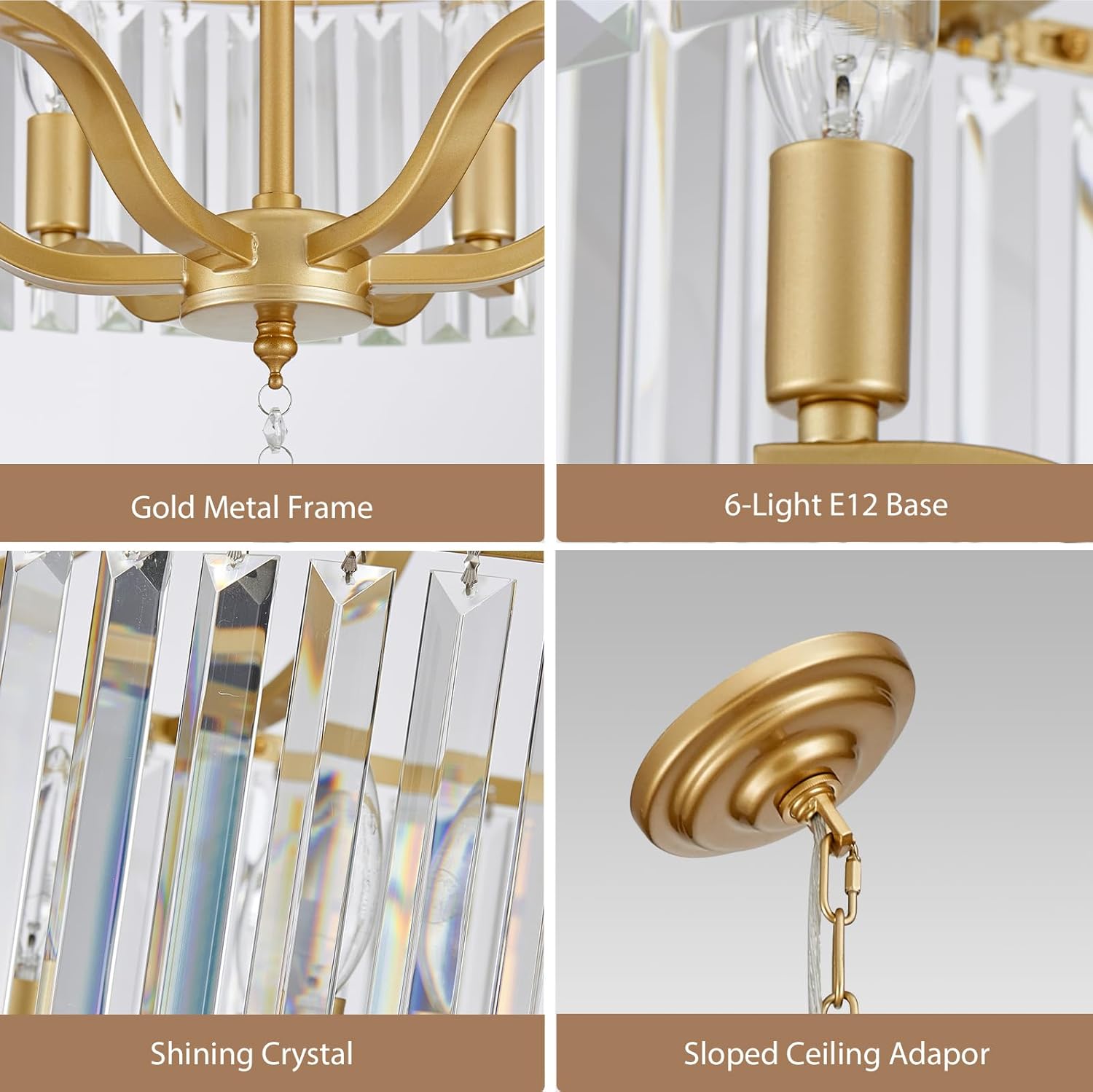 6-Light Crystal Gold Chandeliers for Dining Room 22 Inch Modern Farmhouse Chandelier Large Pendant Lighting Fixture Round Hanging Lamp for Living Room Kitchen Island Hallway Bedroom Foyer Hall