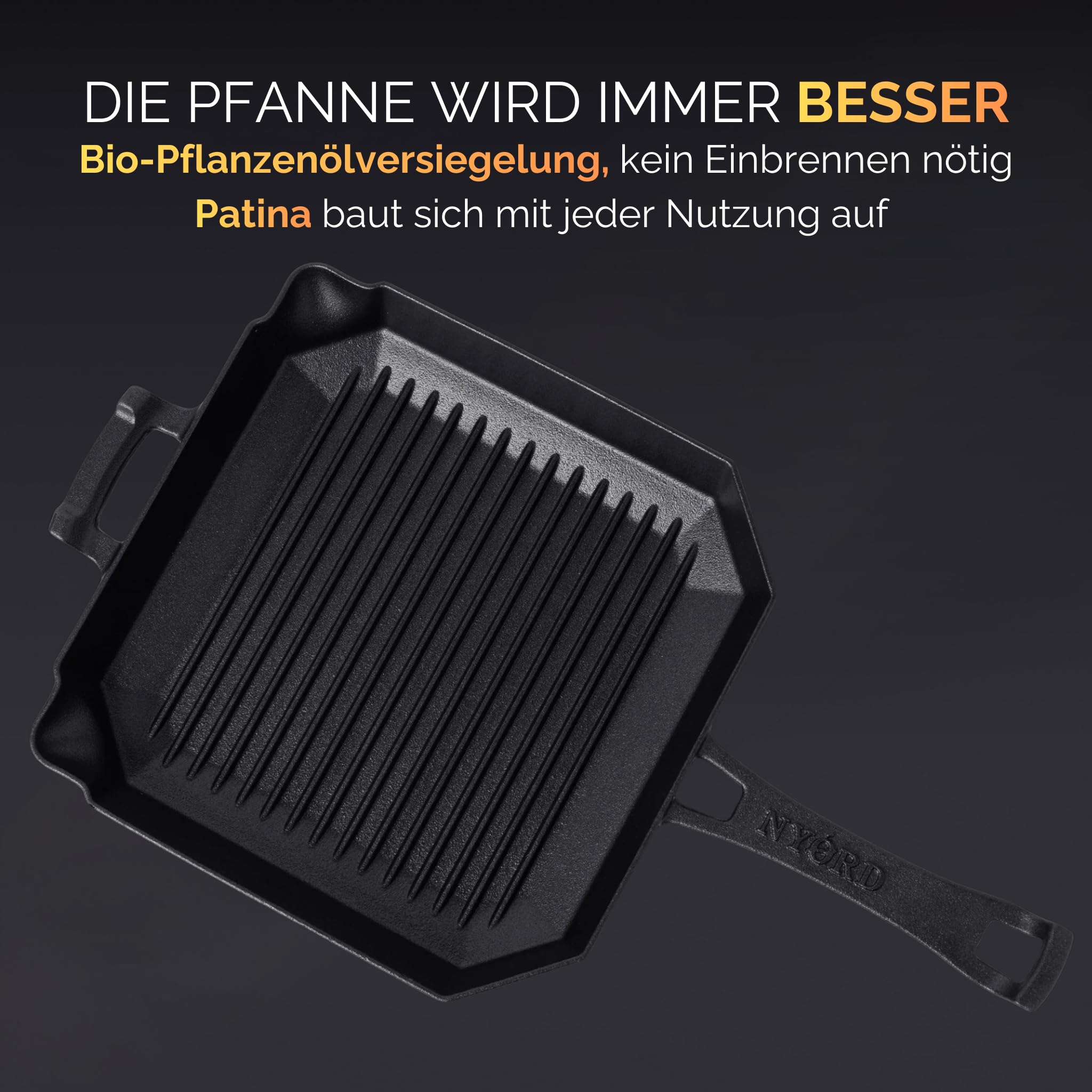 NYORD Gusseisenpfanne mit Grillrillen [TESTSIEGER] | Cast Iron BBQ Grillpfanne | Steakpfanne aus Gusseisen mit Ausgießer | Für Induktion, Ceran, Gas & Outdoor Grill | Ofenfest