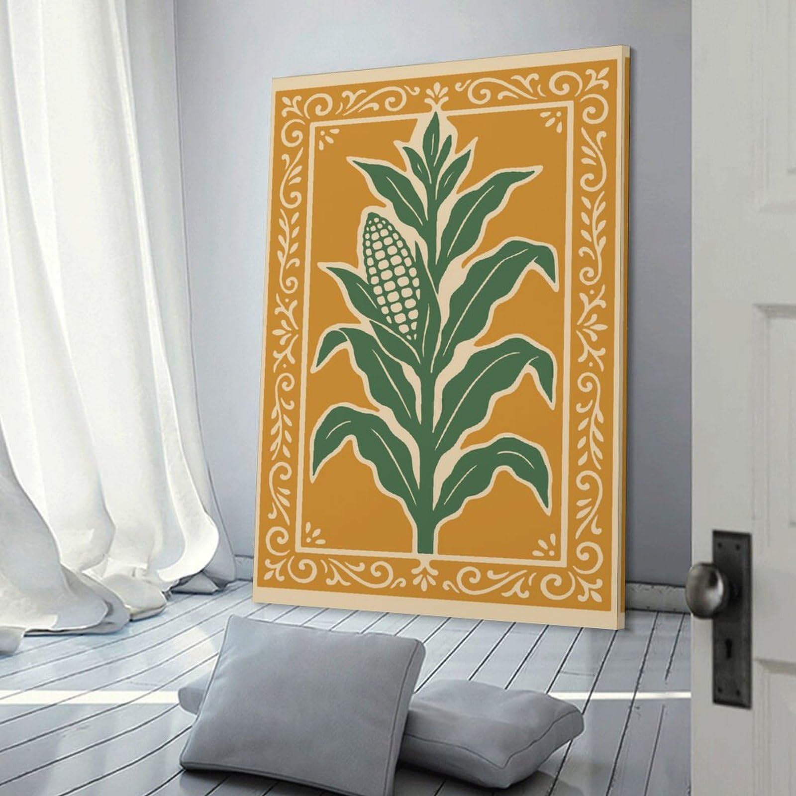 Junmoney Corn Stalk Illustration with Decorative Border Hanging Wall Art 12x18inch(30x45cm), for Feature Walls in Flats Or Modern Rooms, Home Wall Art for Statement Displays
