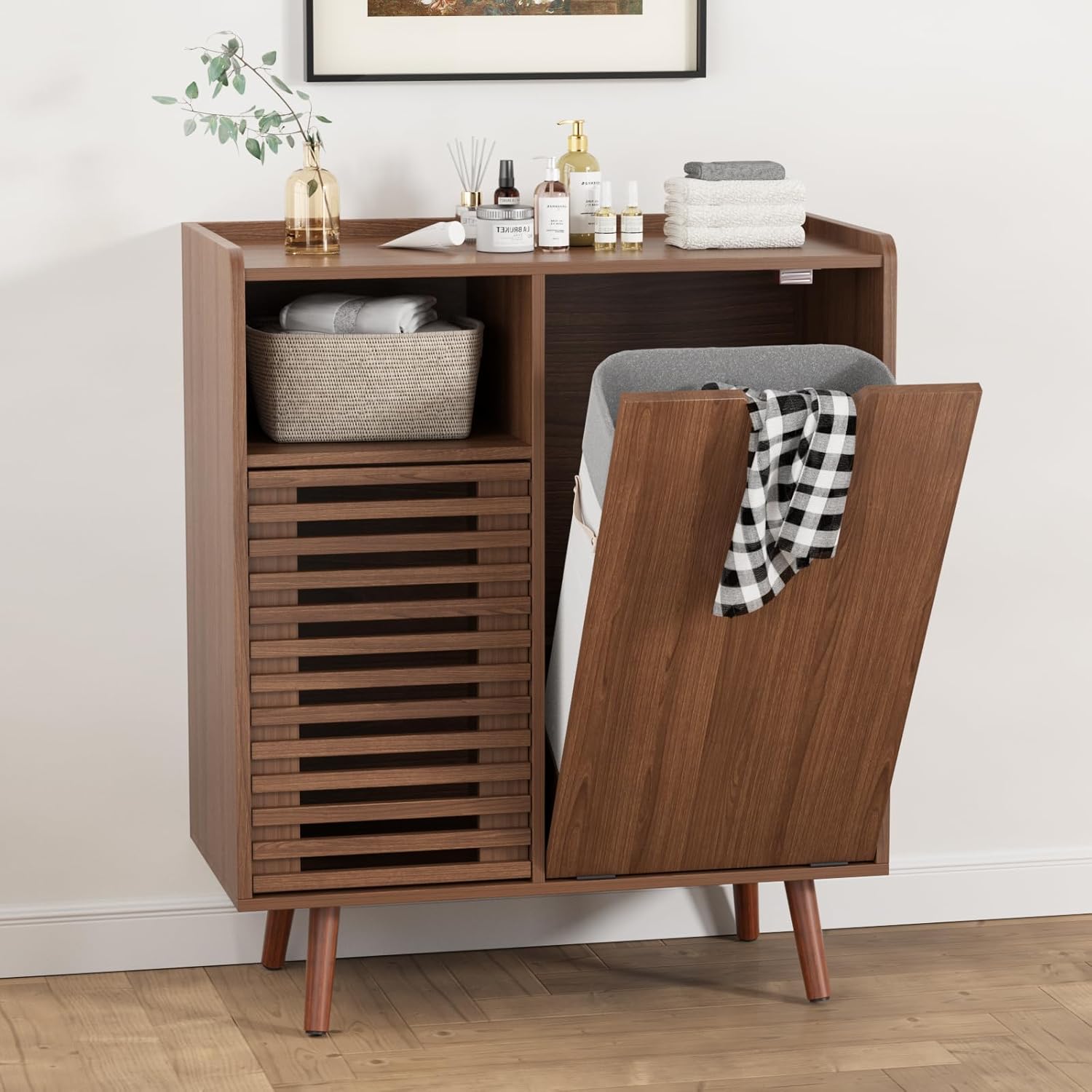 Storage Cabinet with slatted Door, Tilt Out Trash Can Cabinet for 10 Gallon Wooden Dog-Proof Recycling Bin with Hidden Laundry Basket for Kitchen Island and Dining Room, Walnut