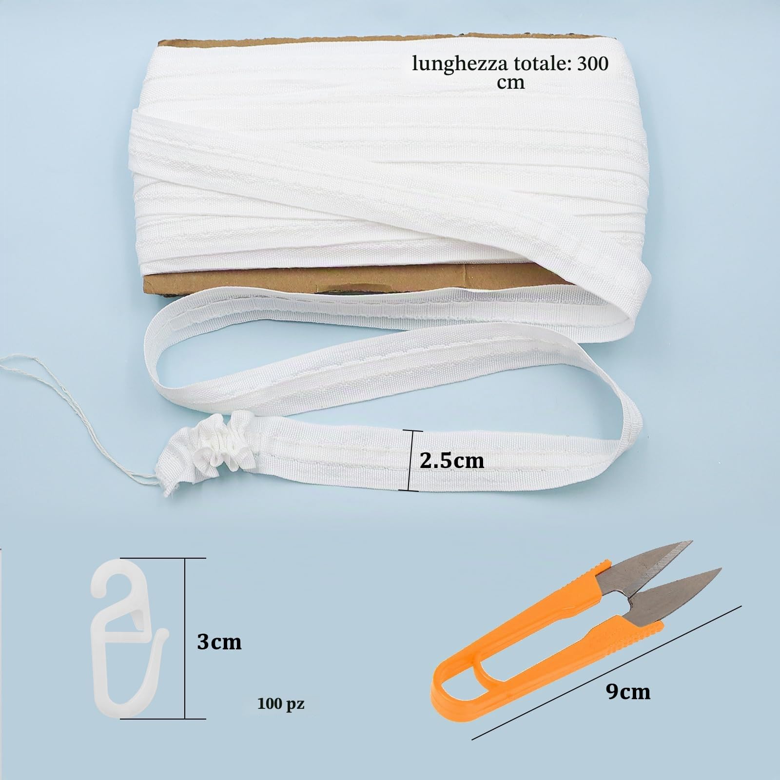 OMJMYY 30mx3cm Fettuccia per Tende Nastro per Tende con 100 Pezzi Ganci per Tenda Nastro per Pieghe di Tende per Asta per Tende