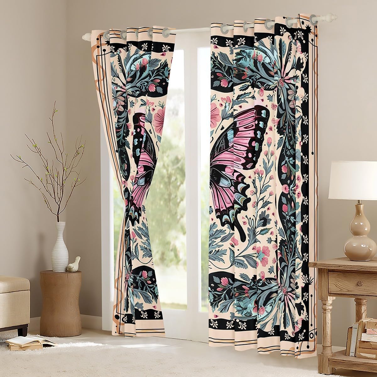 Castle Fairy Butterfly Curtains for Living Room,Gothic Nature Rustic Flower Window Drapes Bedroom Blackout 30%-50%,Bohemia Vintage Style Window Treatment Grommet Top 2 Panels Decor,38Wx45L