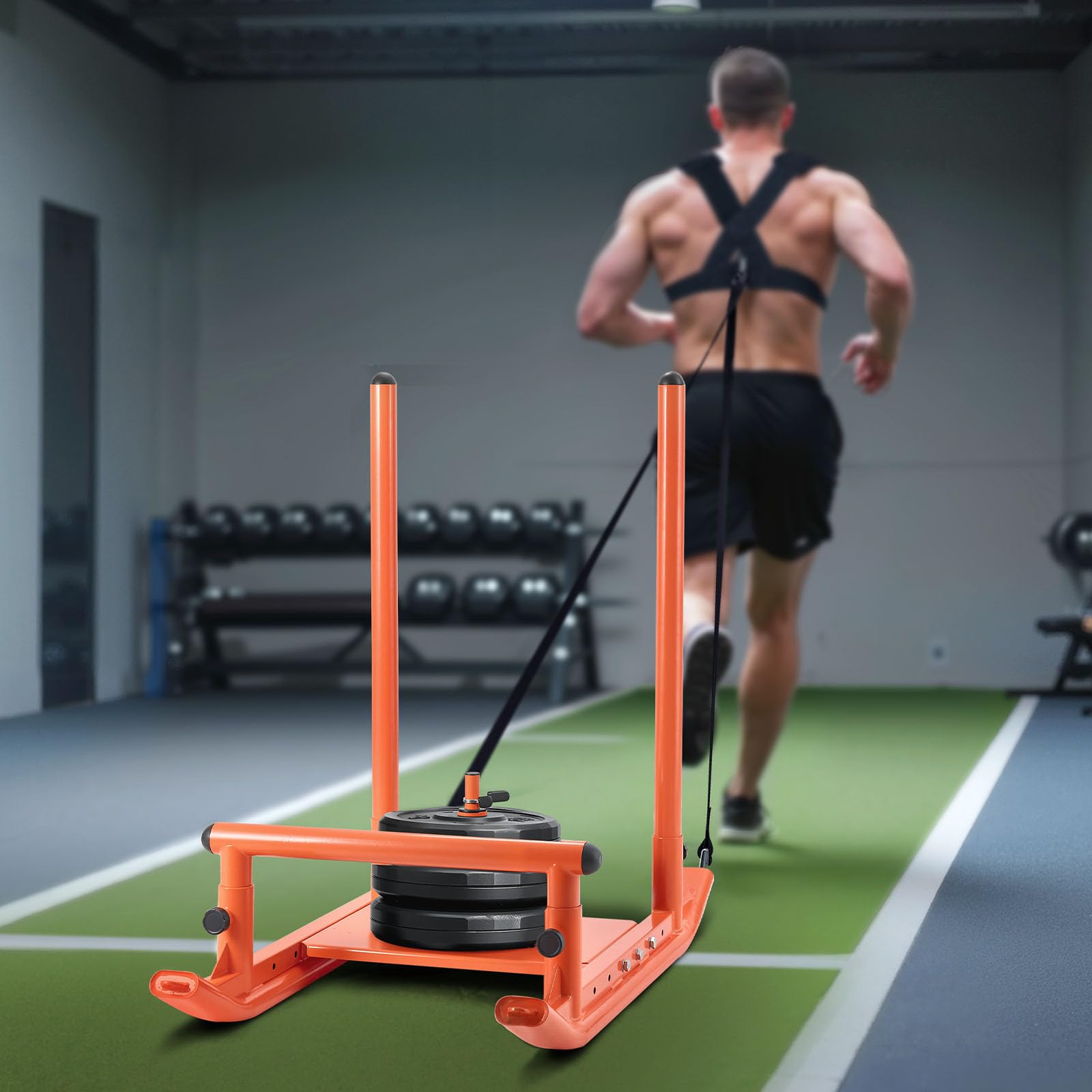 VEVOR Gewichtsschlitten Kraftschlitten Krafttrainingsschlitten zur Verbesserung der Geschwindigkeit bei sportlichen Übungen, Fitnessgerät mit Griff, Kompatibel mit 25/51 mm Gewichtsscheiben, Orange