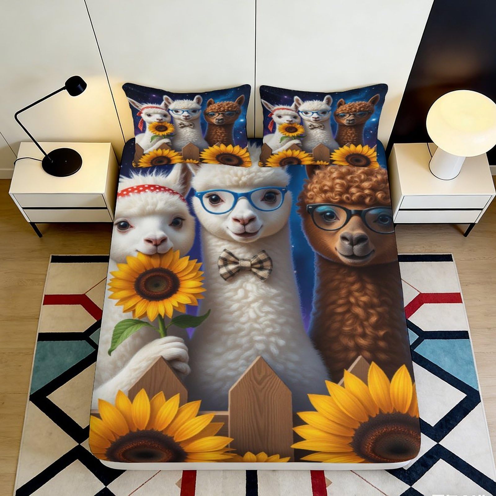 3D Printed Alpaca Sunflower Fitted Sheet Microfiber Deep Pocket Elastic Hem Llama Mattress Fitted Cover for Bedroom Bedding 120x200x25cm