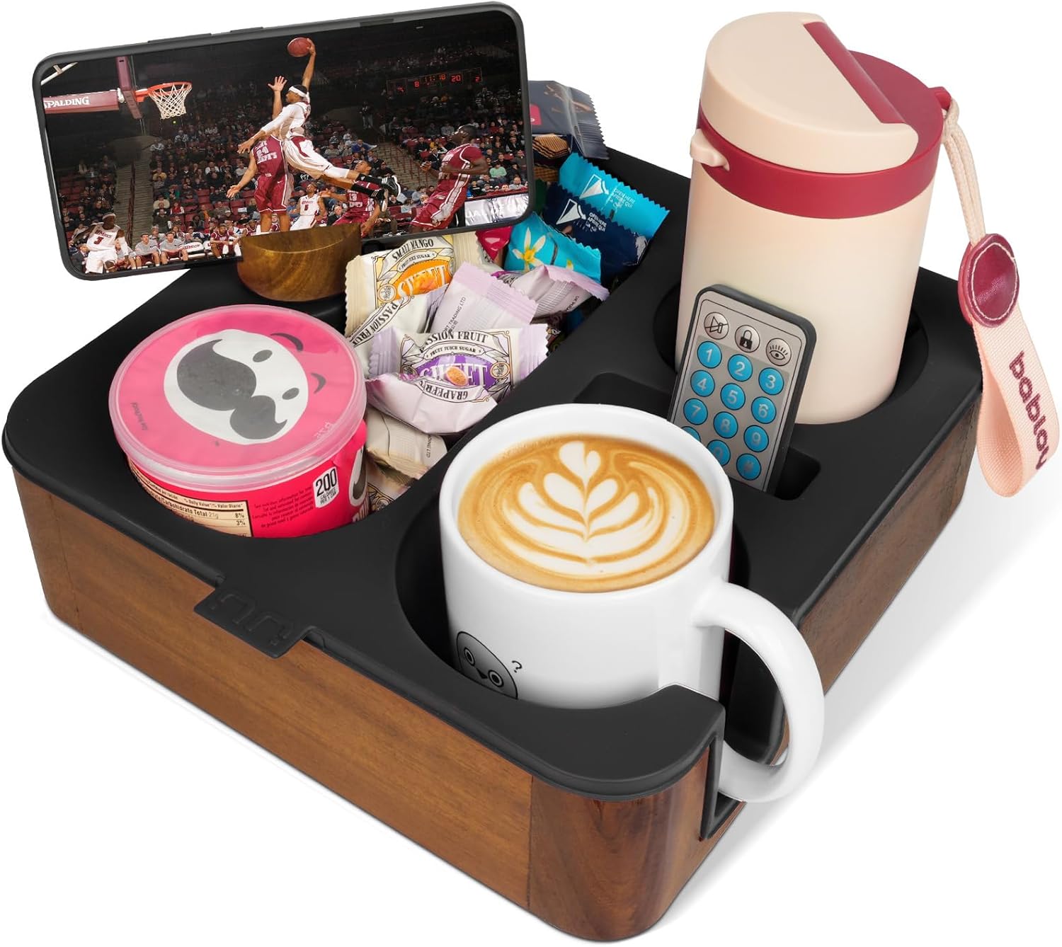 Couch Cup Holder Tray, Real Acacia Wooden Caddy with Soft Silicone, Snack and Drink Organizer- Perfect Movie Night Accessories for Bed, Remote and Cup Holders for Sofa (Black)