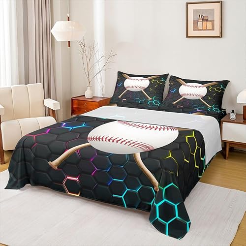 Erosebridal Juego de sábanas deportivas para niños, ropa de cama completa de béisbol, sábanas hexagonales geométricas para niñas, niños,