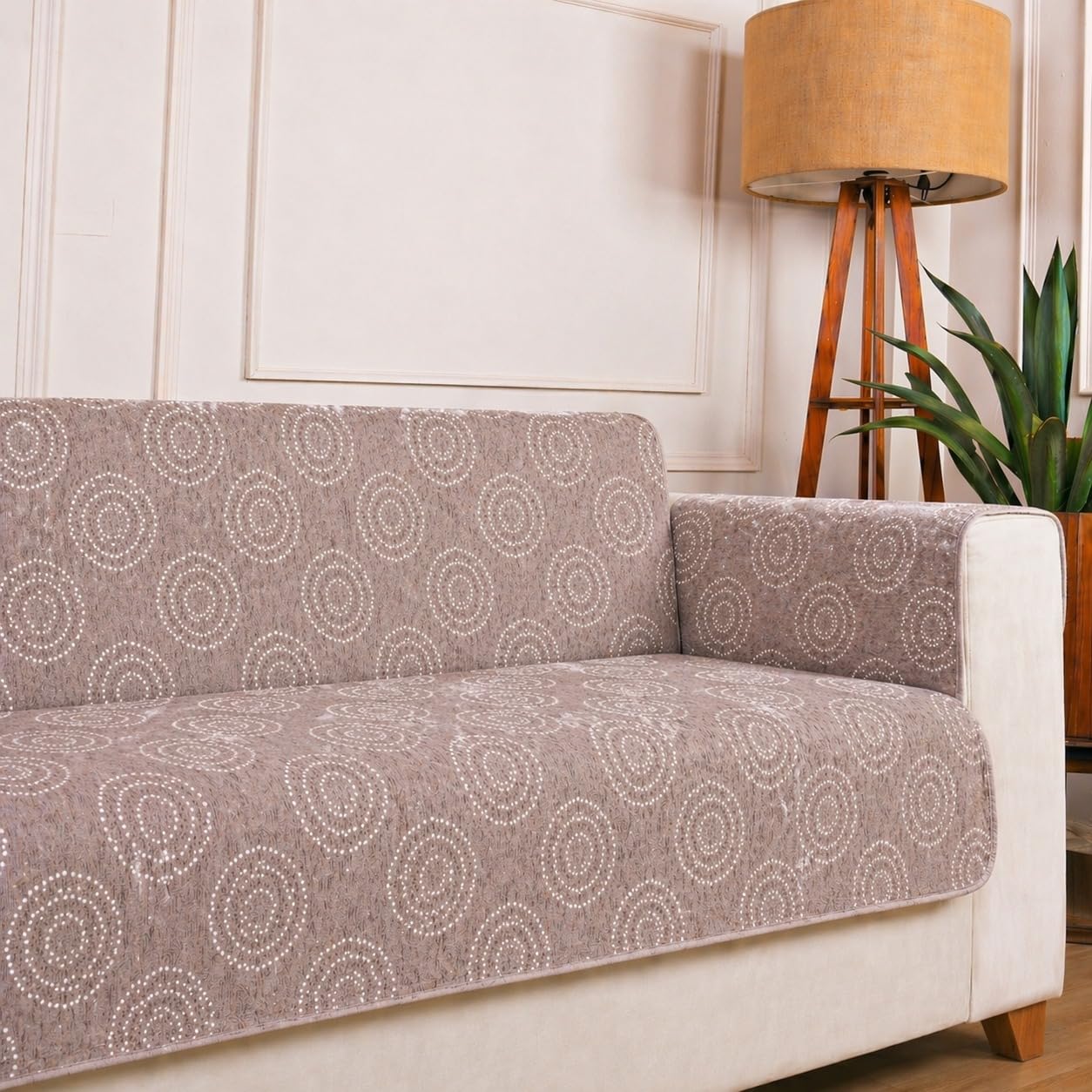 STITCHNEST 'Opulence Series' Floral Woven Sofa Cover for 3 Seater | Premium Soft Fabric Sofa Protector | Beige Circular Pattern with Tassel Edge Finish | Durable Living Room Furniture Cover