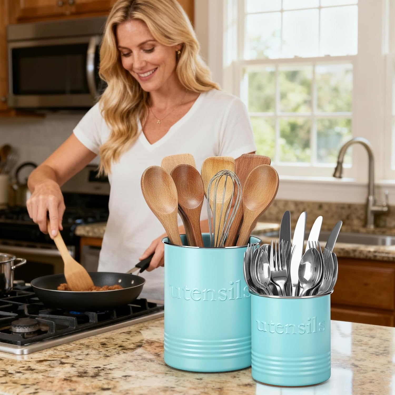 FoldTier 2 Pack Kitchen Utensil Holder for Counter 6.7"+4.7" Farmhouse Cooking Utensil Crock with Cork Bottom Modern Farmhouse Decors Countertop Storage Organizer Caddy Housewarming Gift(Turquoise)