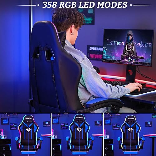 Miniatura 5 de Silla de juegos RGB con luces LED y masaje ergonómico para computadora con reposapiés, sillas de videojuegos de respaldo alto con soporte lumbar