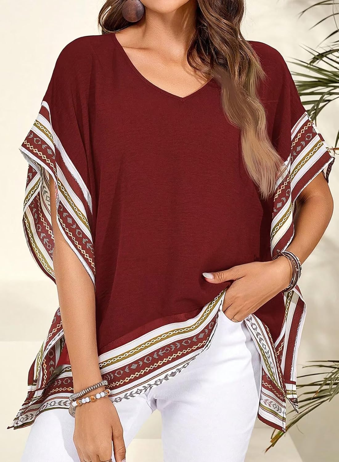 Women's Casual V Neck Floral Tops Batwing Sleeve Blouse Loose Fitting Shirts Boho Flowy Side Slit Tees - Image 2