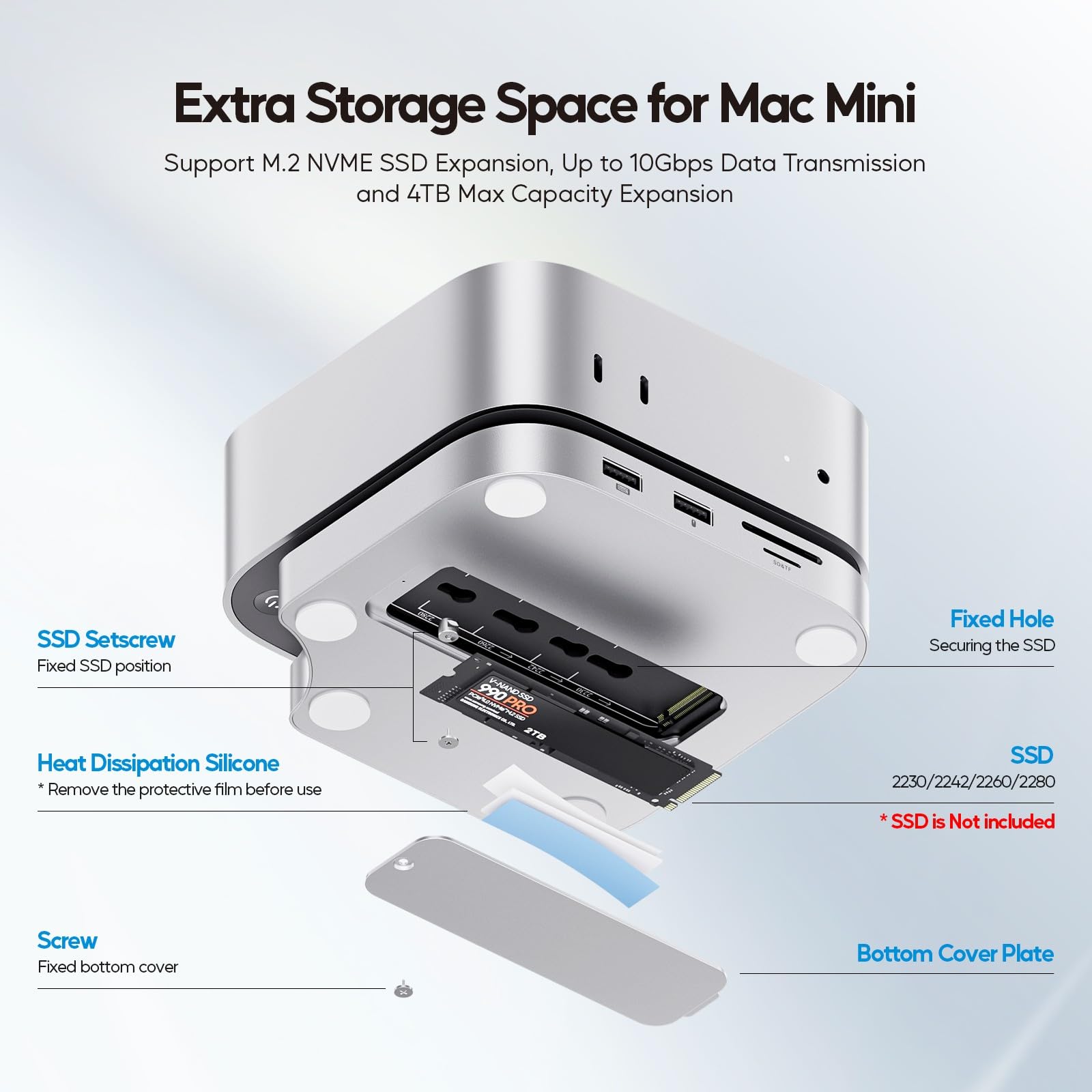 Mac mini M4 Dock z obudową SSD 4TB (SSD nie jest w zestawie), akcesoria hub USB C dla Mac mini 2024 M4 Pro z HDMI 4K 60Hz, 3 x USB A 2.0, SD/TF, audio/mikrofon