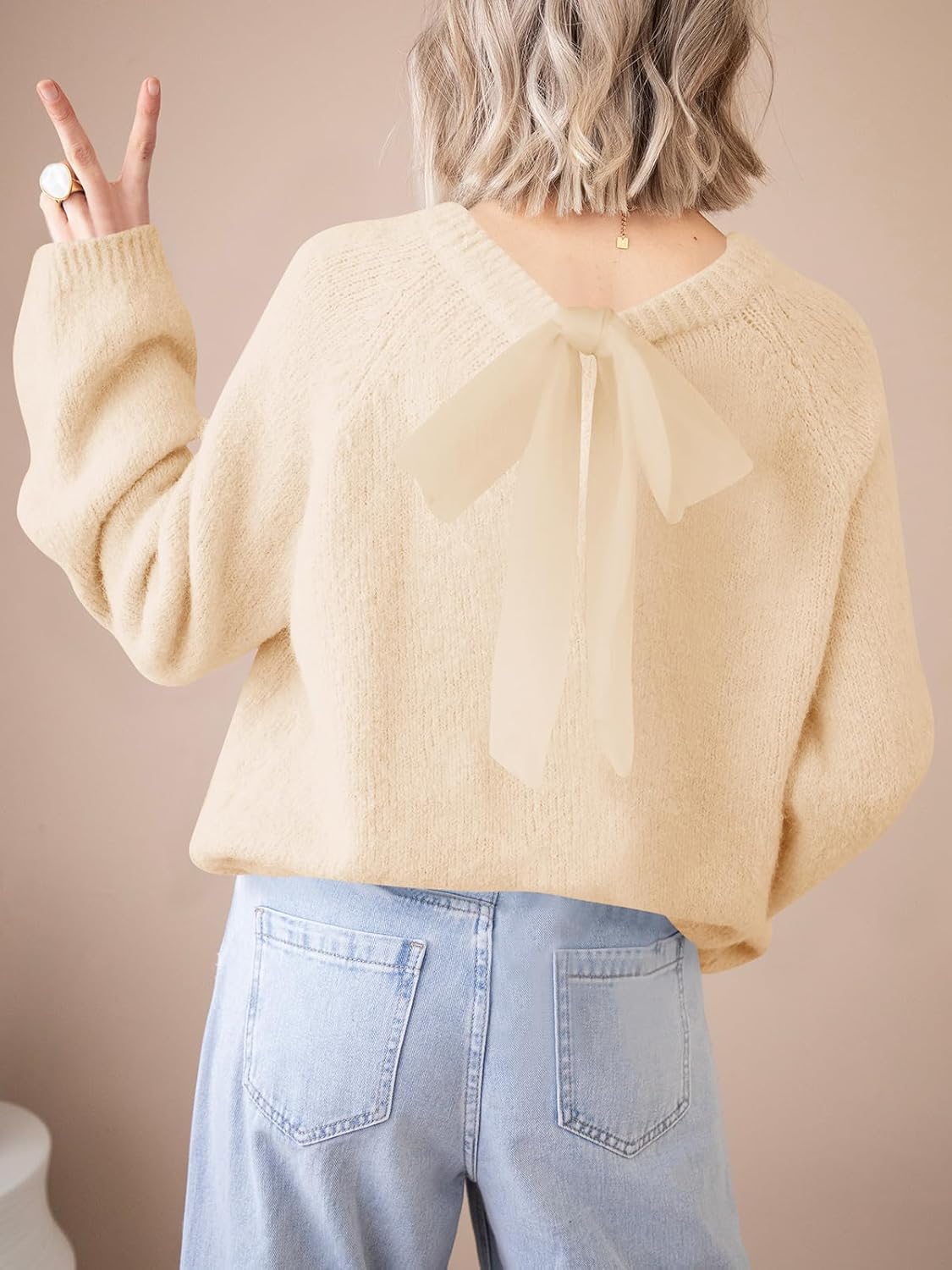 Saodimallsu Womens Bow Tie Sweater Crew Neck Long Sleeve Cute Fall Loose Cozy Knit Pullover Sweaters - Image 5