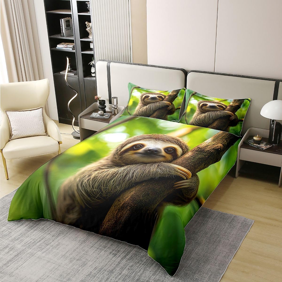 Feelyou Cute Sloth Duvet Cover 100% Cotton Full Size Kawaii Animal Comforter Cover for Boys Girls Wild Animal Bedding Set 3Pcs Wildlife Room Decor Breathable Soft Lightweight Microfiber