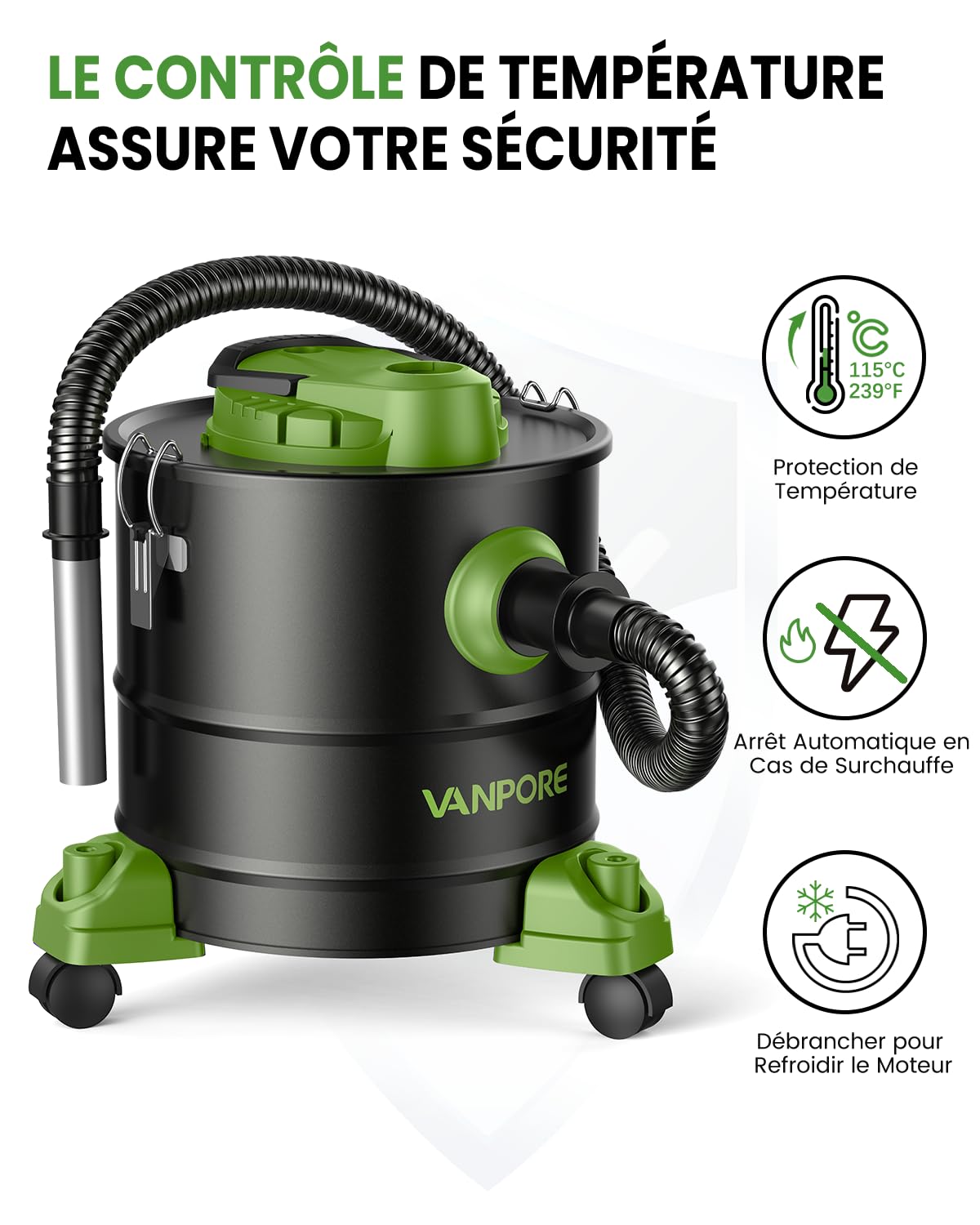 Aspirateur à Cendres 5,2 Gallons 1200 W avec Base à Roulettes pour Poêles à Granulés, Cheminées, Barbecues, Poêles à Bois