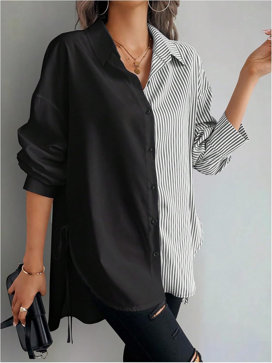 GORGLITTER Women's Oversized Button Down Shirts Striped Long Sleeve Colorblock Tie Side Collared Blouses Business Casual - Image 5