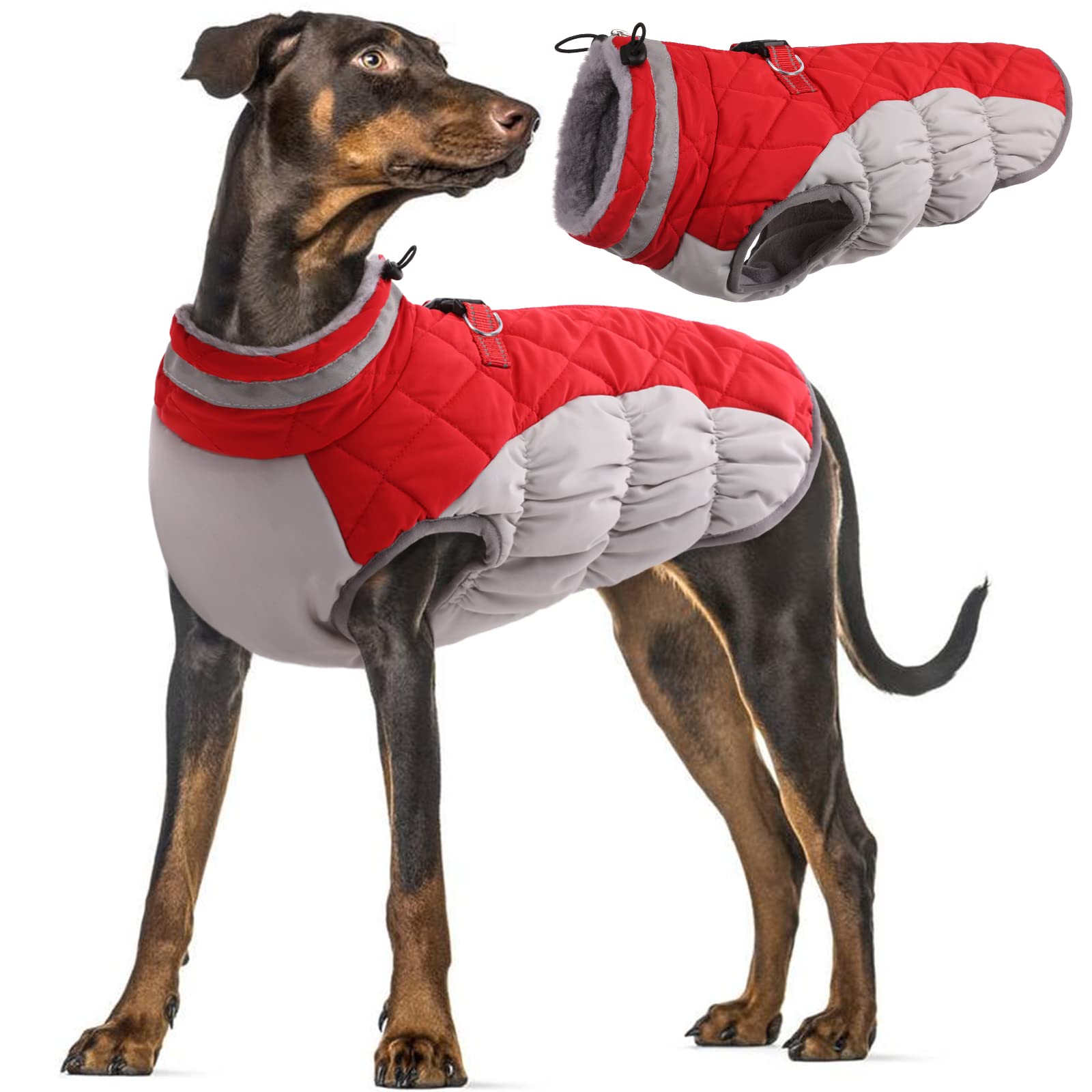 Abrigo para Perros de Invierno, Chaqueta Impermeable Perro Cálida Chaleco Traje Anti-Nieve Ropa de Invierno con Forro Polar & Reflectantes Tiras para Perros Pequeños Medianos y Grandes(Rojo, L)